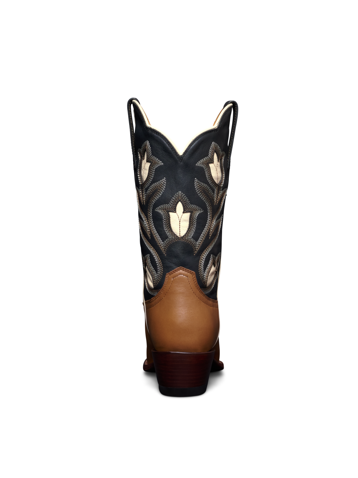 Contrast Tan And Black Embroidery Snip-Toe Mid Calf Cowgirl Boots With White Tulip Inlay