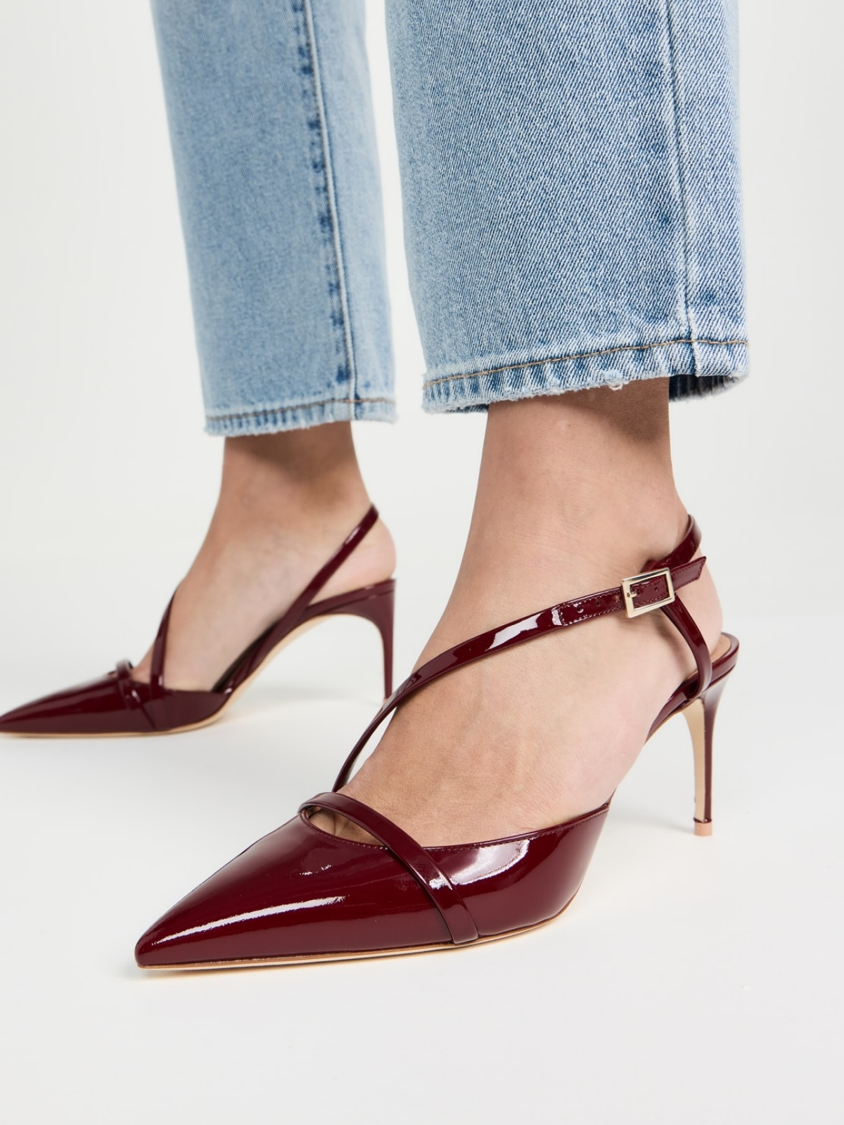 Burgundy Patent Pointed Toe Cross Slingback Pump Kitten Heels Fuchsia Boots
