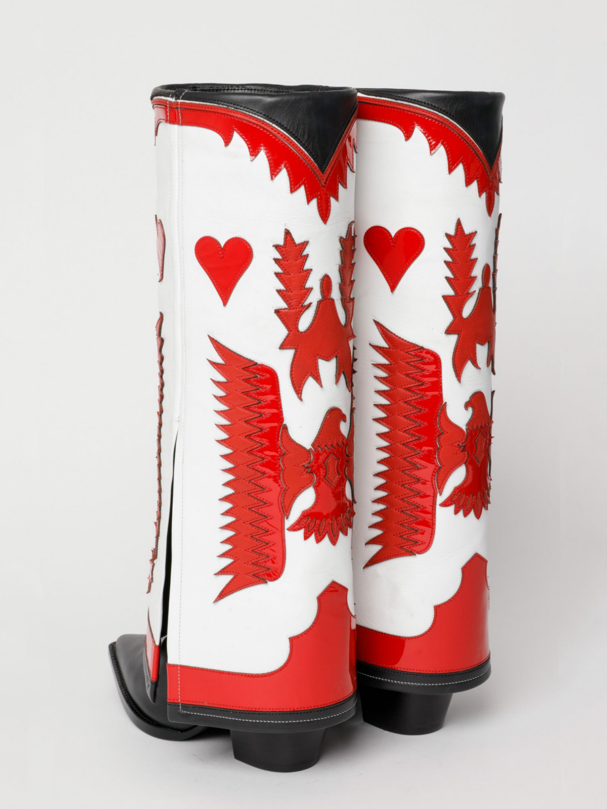 Fold-Over Panel Eagle And Heart Applique Snip-Toe Knee High Boots - White And Red