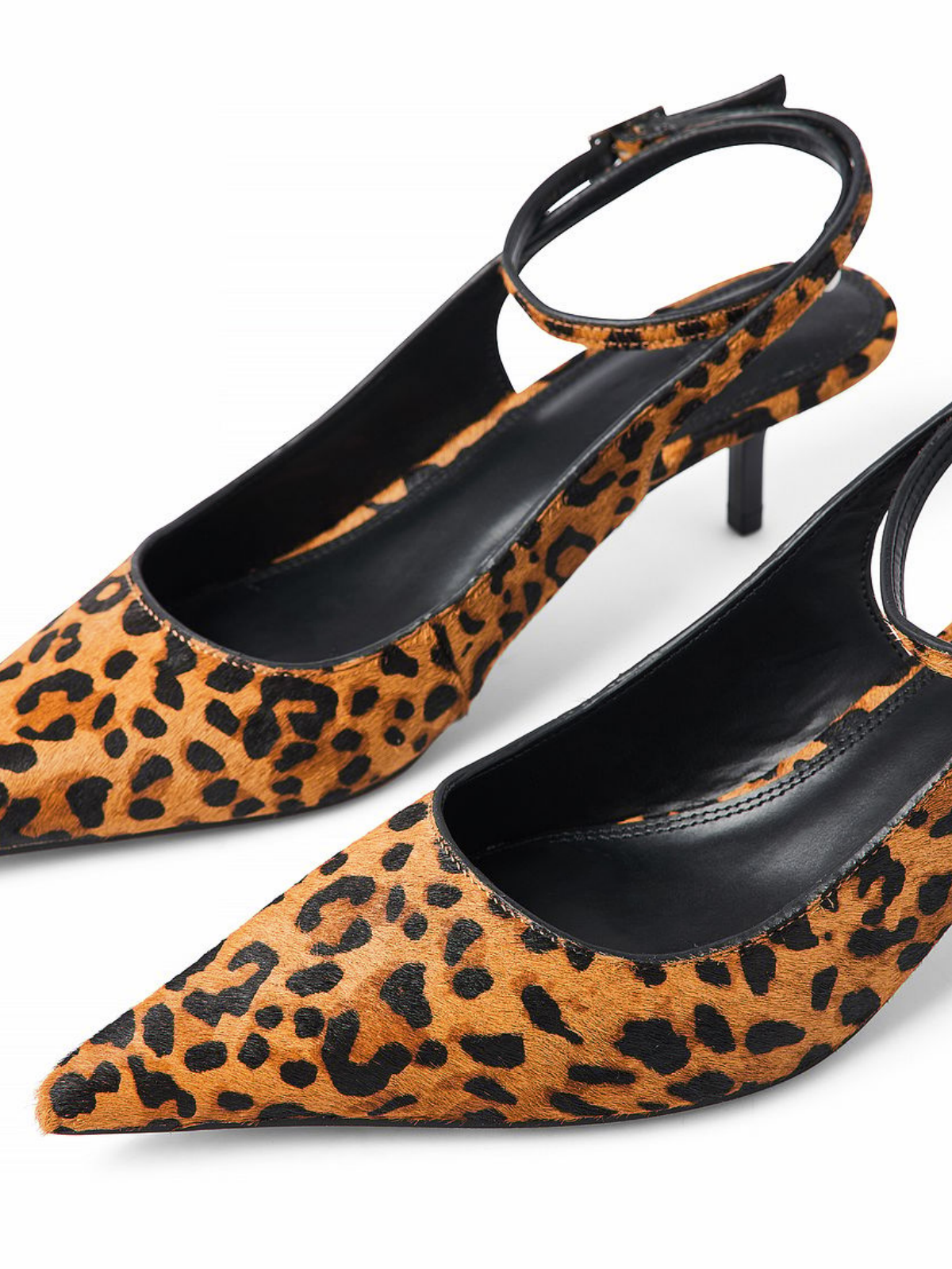 Faux Leopard Print Calf Hair Pointed-Toe Slingback Pump Kitten Heels With Ankle-Strap