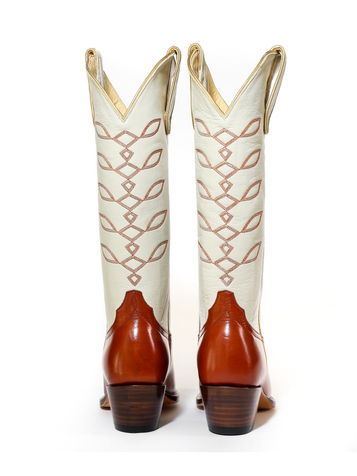 Contrast Cream And Burnt Orange Almond-Toe Embroidery Wide Knee High Tall Cowgirl Boots