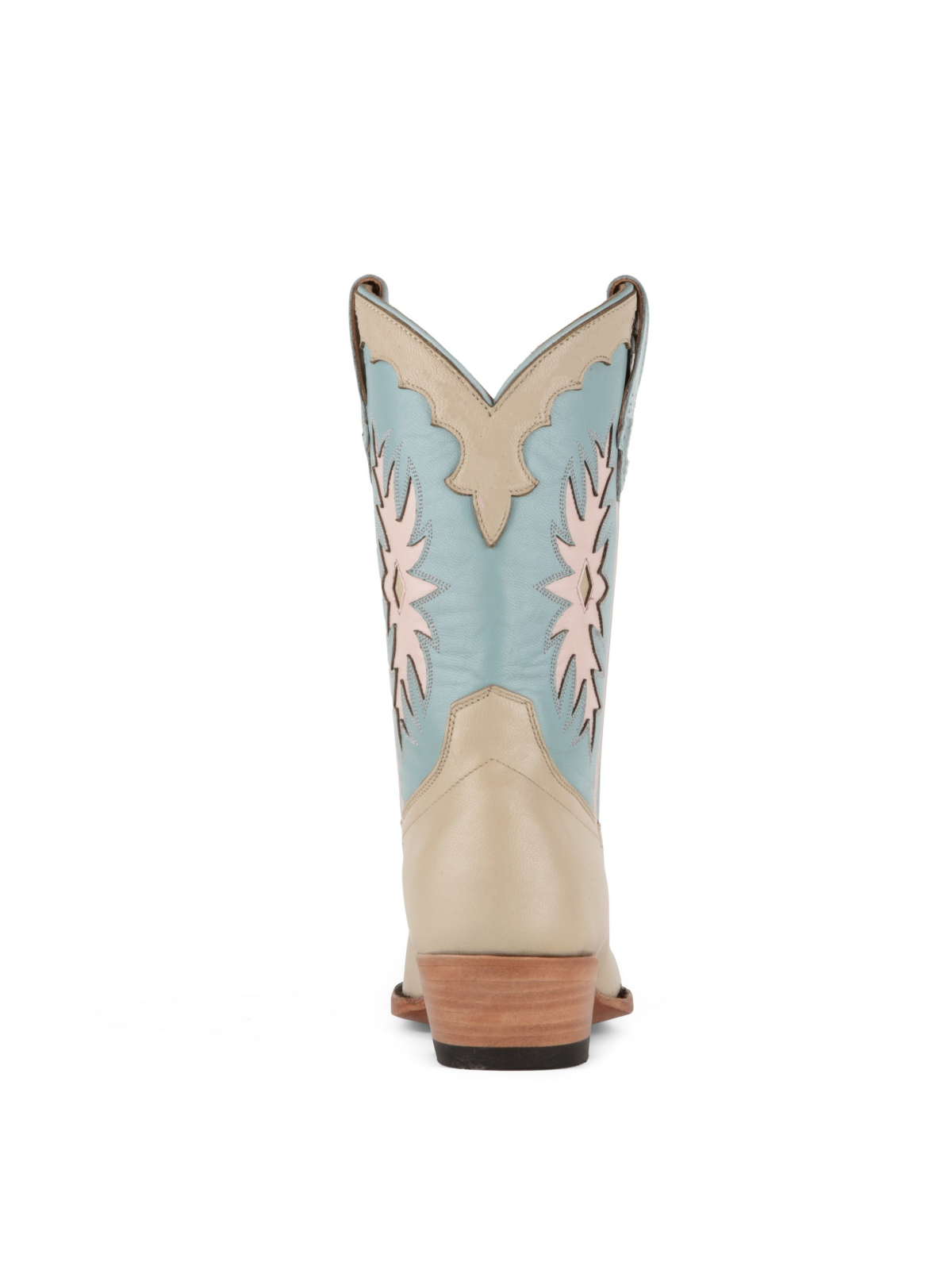 Contrast Bone And Blue Inlay Snip-Toe Slip-On Mid Calf Cowgirl Boots