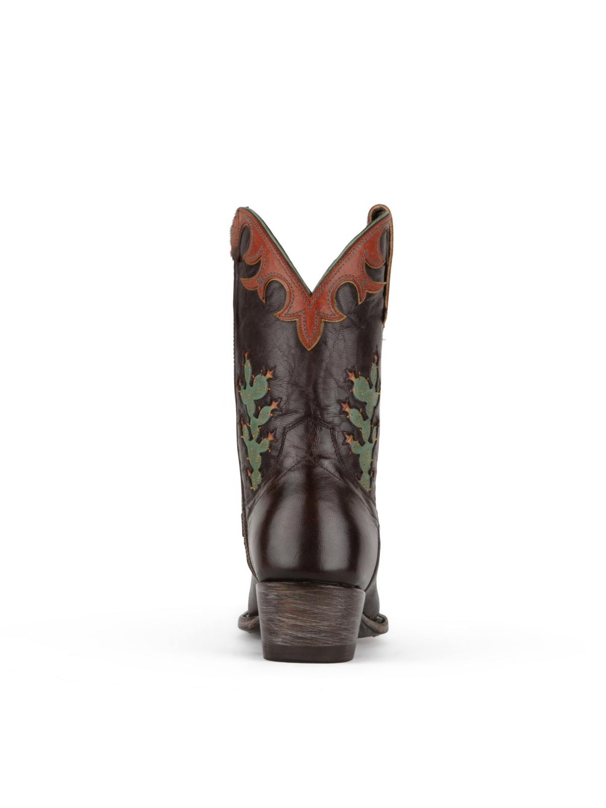 Chocolate Snip-Toe Wide Mid Calf Cowgirl Boots With Cactus Inlay And Applique