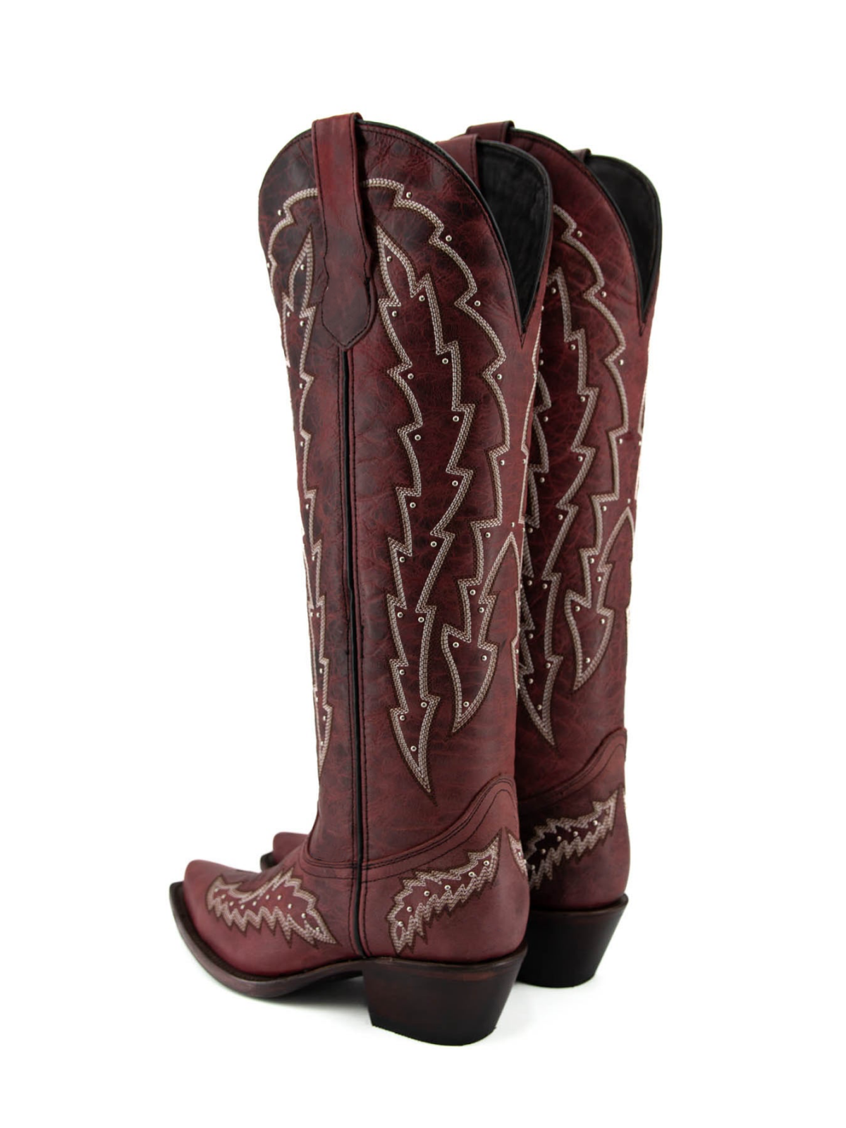 Distressed Brown Studded Embroidery Snip-Toe Half-Zip Cowgirl Knee High Tall Boots
