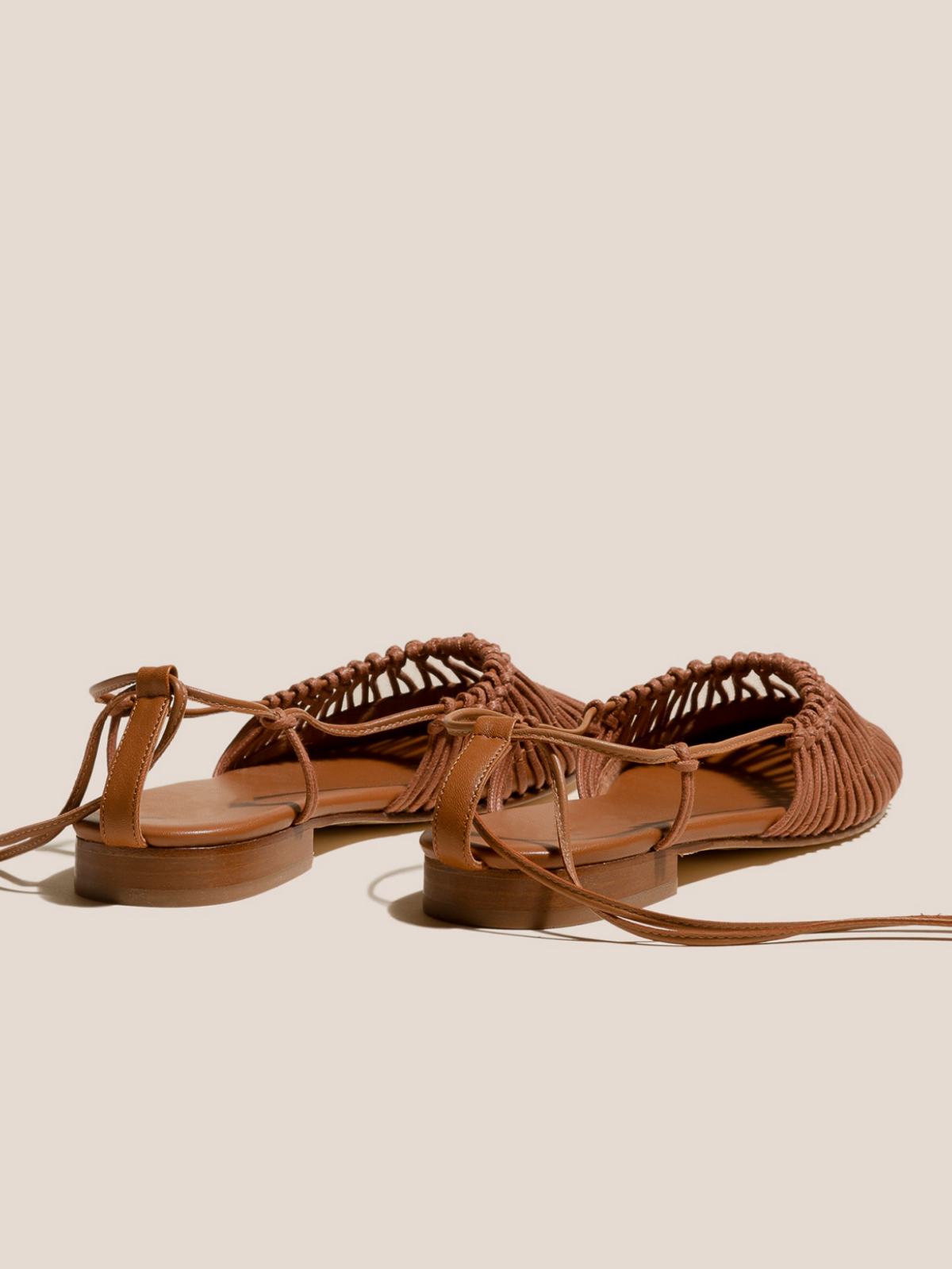 Brown Knotted Strappy Semi-Hollow Round-Toe Flats Self-Tie Sandals