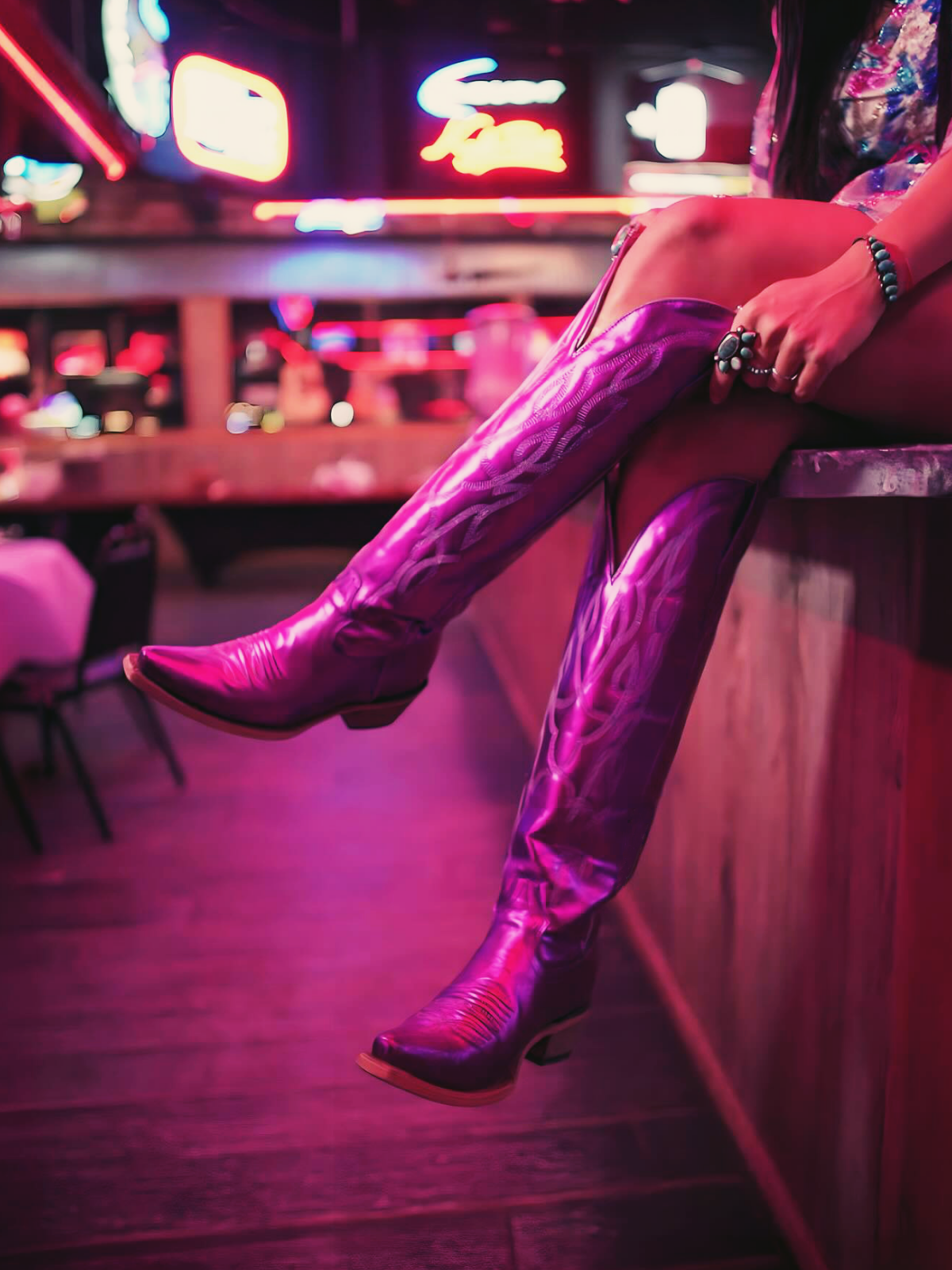 Metallic Purple Embroidery Snip Toe Wide Calf Knee High Western Boots Fuchsia Boots