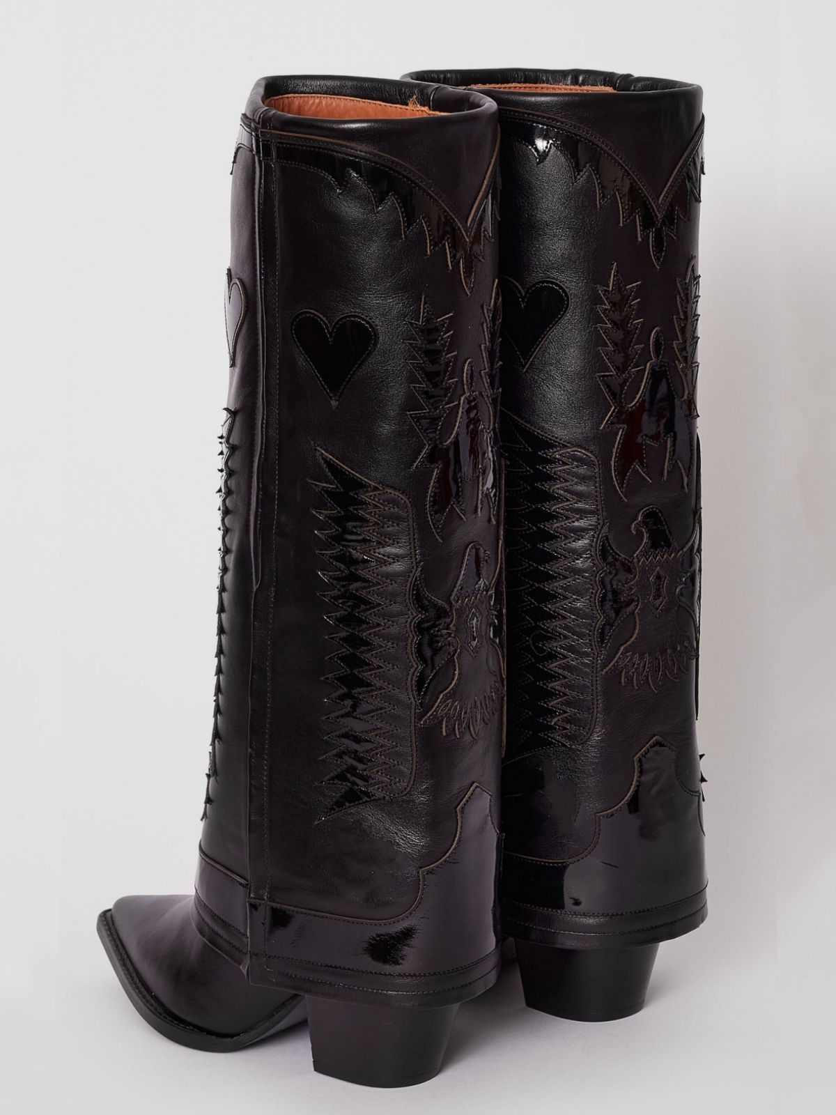 Fold-Over Panel Eagle And Heart Applique And Embroidery Knee High Boots - Black
