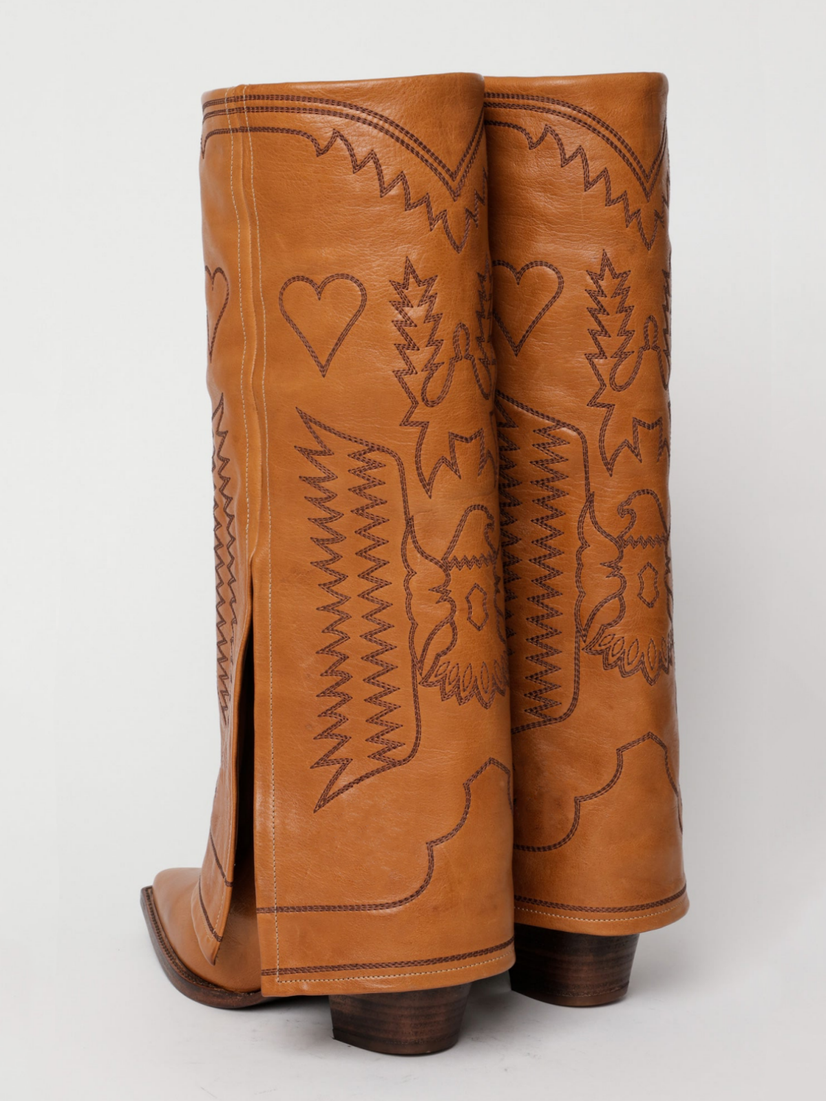 Fold-Over Panel Eagle And Heart Embroidery Snip-Toe Wide Calf Knee High Boots - Light Brown