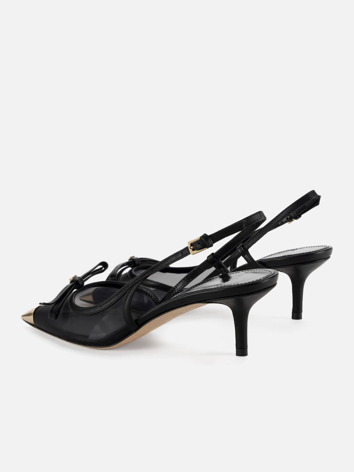 Black Mesh Pointed-Toe Metallic Toe Slingback And Knot Kitten Heels