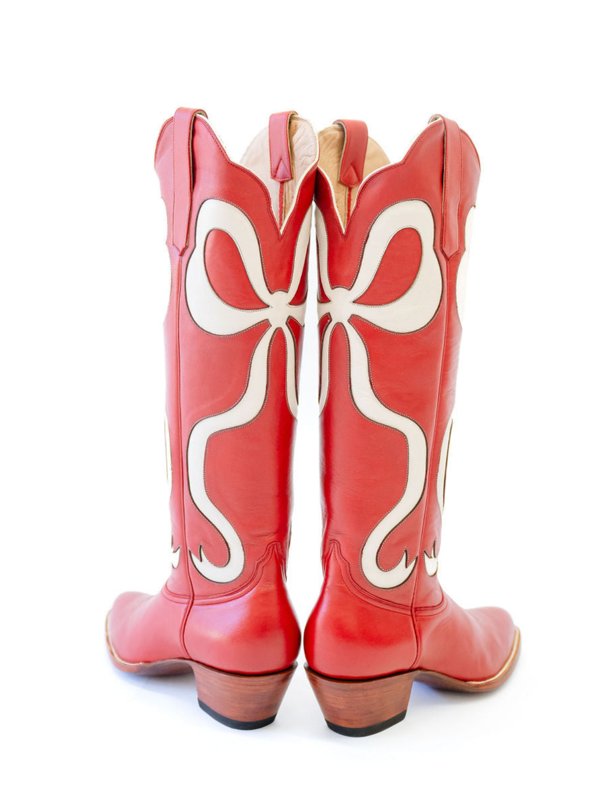 Red Almond-Toe Wide Calf Western Boots Knee High Tall Boots With Ivory Bowknot Inlay