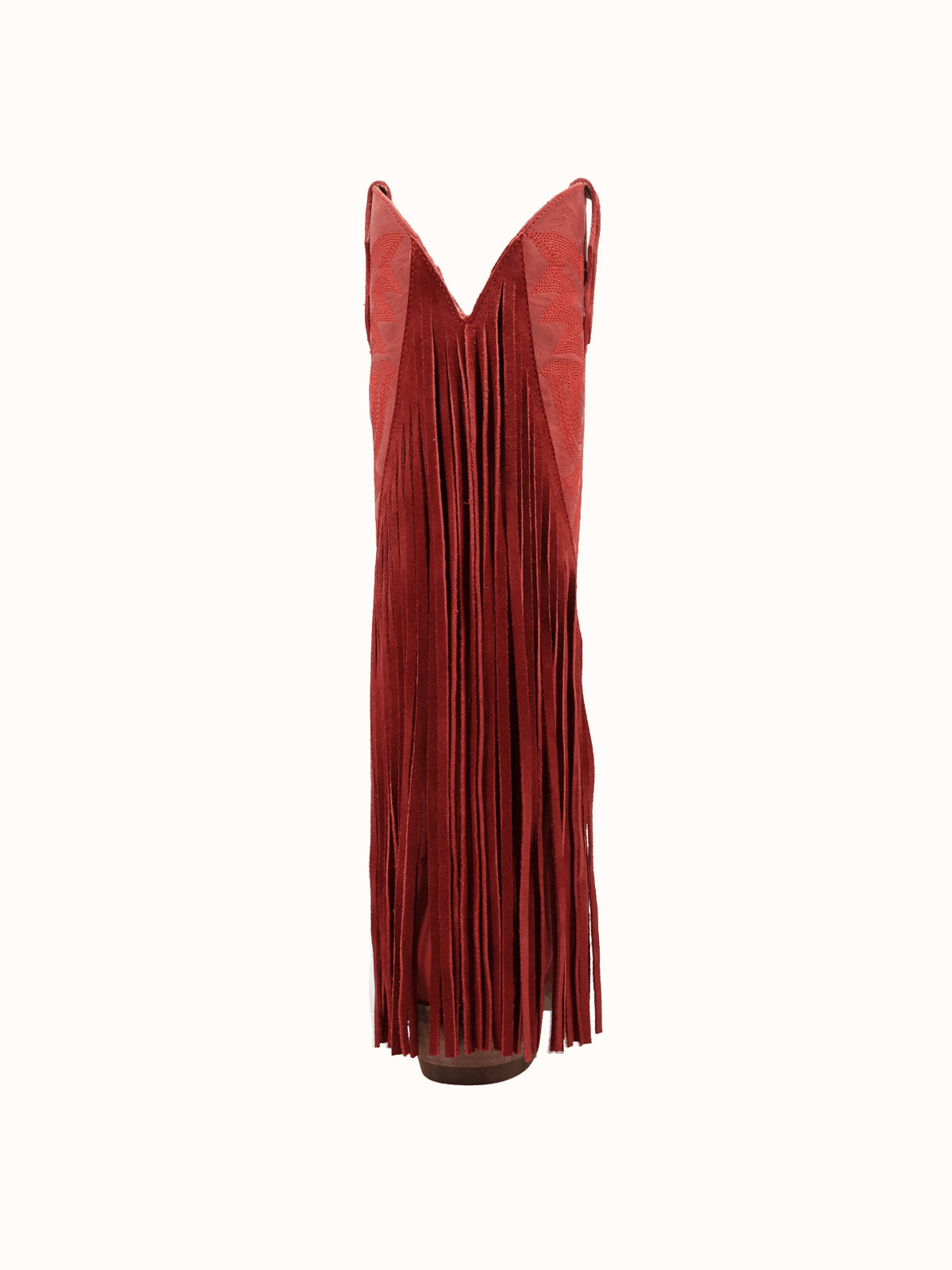 Red Snip-Toe Faux Suede Side Fringe Embroidery Wide Calf Knee High Cowgirl Boots