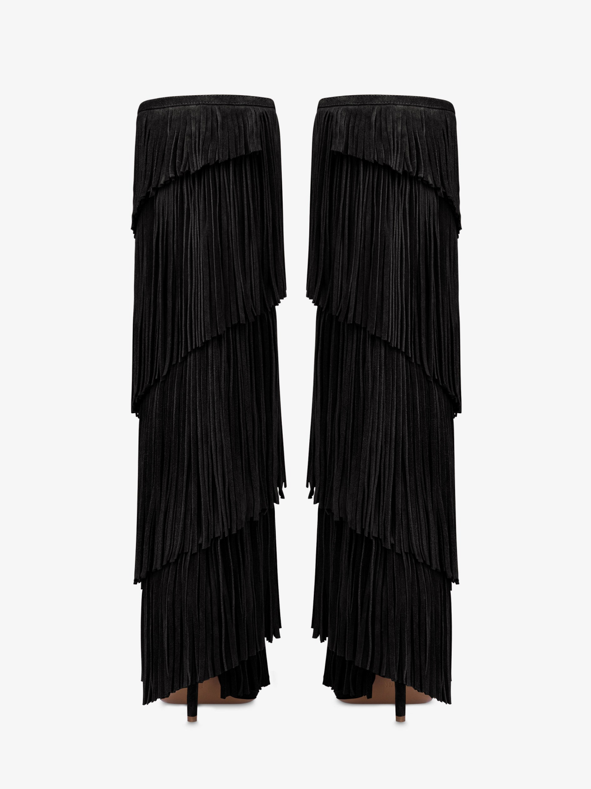 Black Faux Suede Pointed-Toe Multi-Layered Fringe Wide Calf Knee High Stiletto Boots