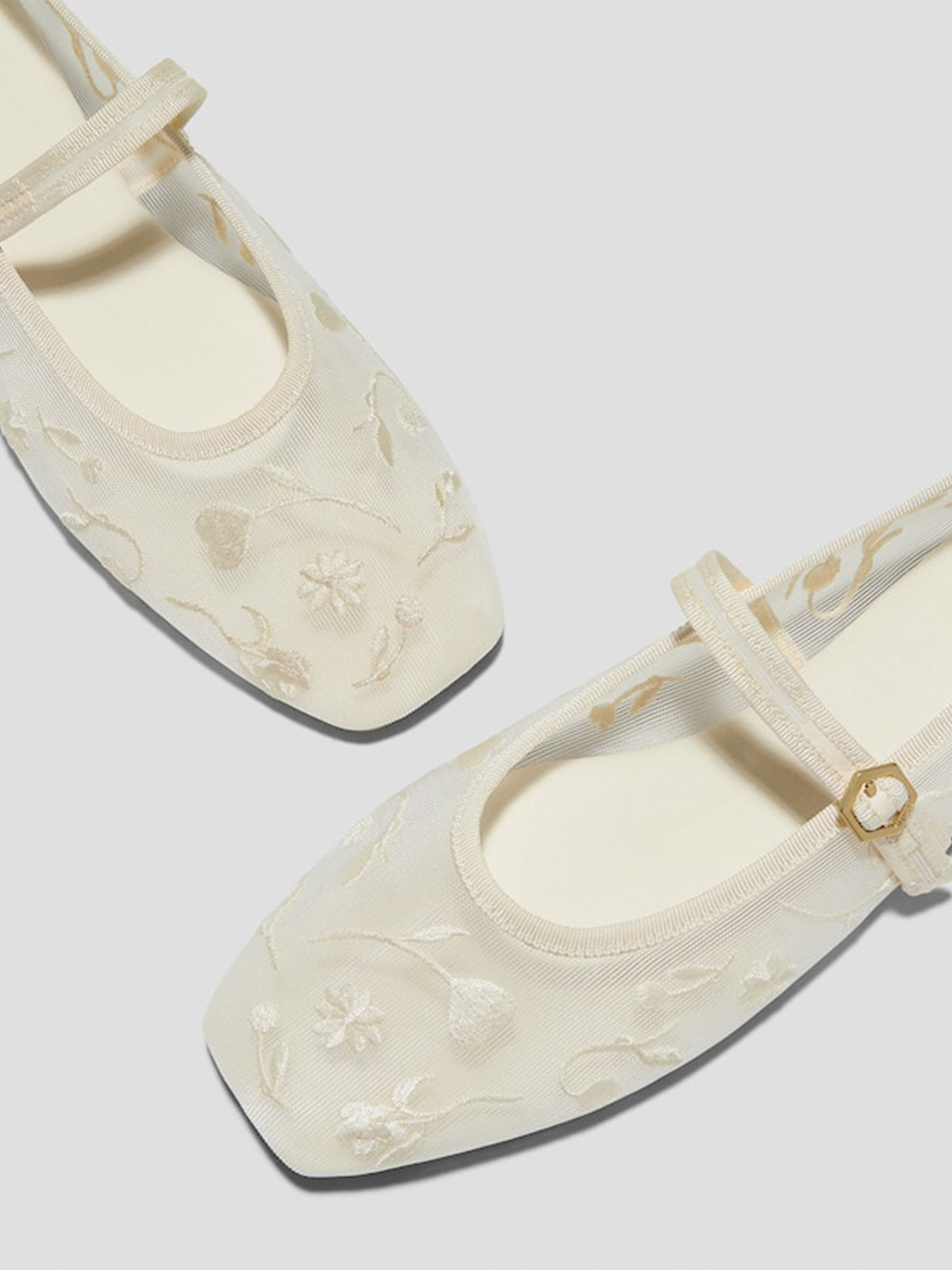 Mesh And Satin Square-Toe Floral Embroidery Mary Jane Flats - Cream