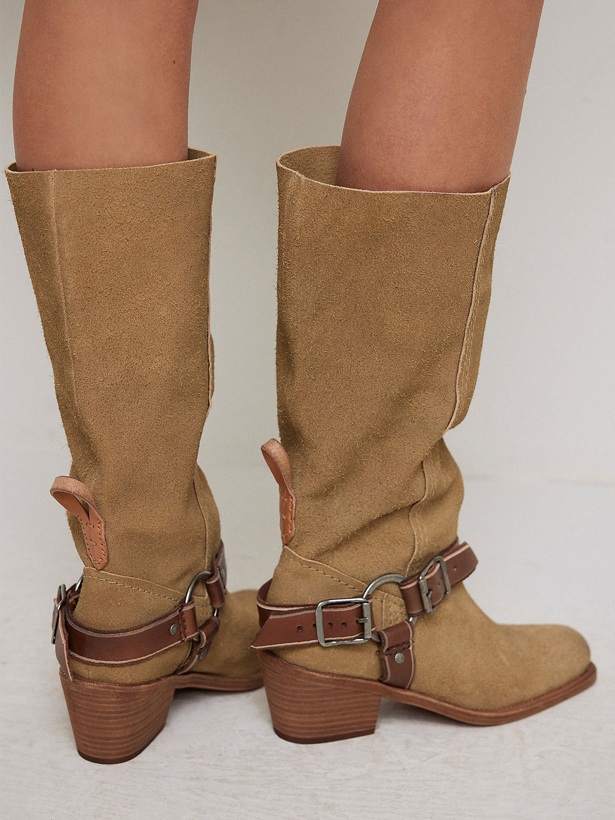 Beige Faux Suede Square-Toe Western Mid Calf Cowgirl Boots