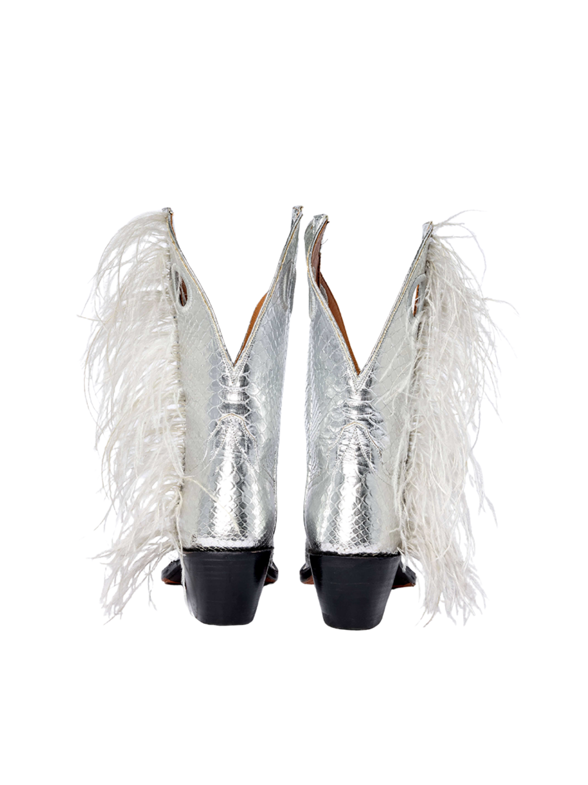 Metallic Silver Snakeskin Snip-Toe Ostrich Feather Cutout Mid Calf Cowgirl Boots