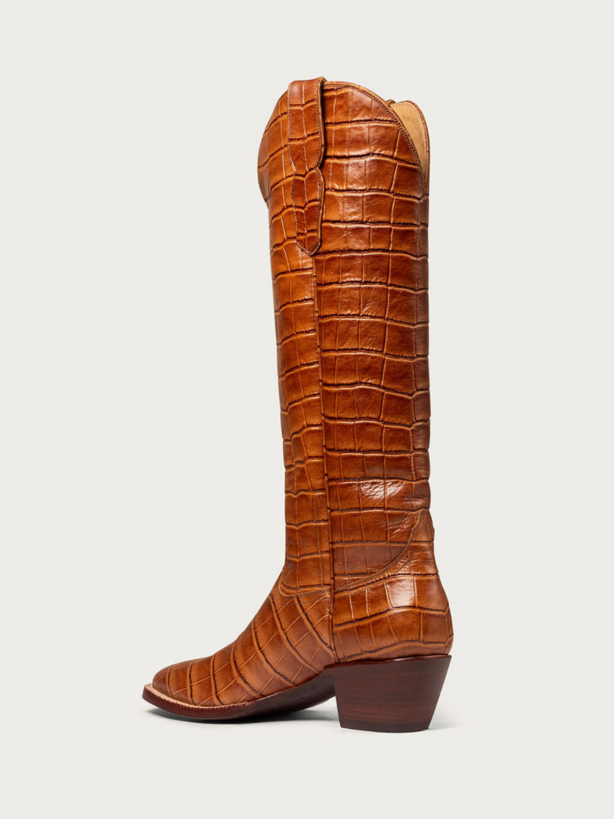 Cognac Croco Print Round-Toe Wide Knee High Cowgirl Boots