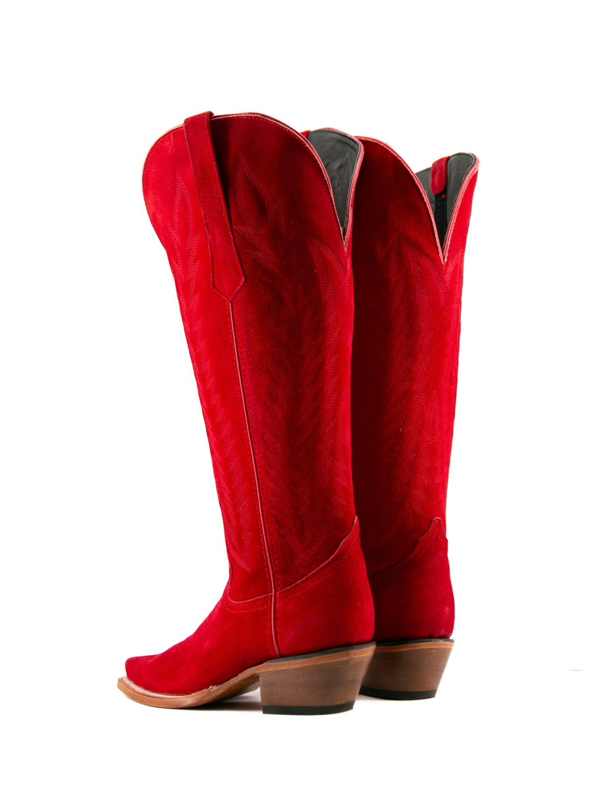 Red Faux Suede Snip-Toe Half-Zip Embroidery Knee High Cowgirl Boots