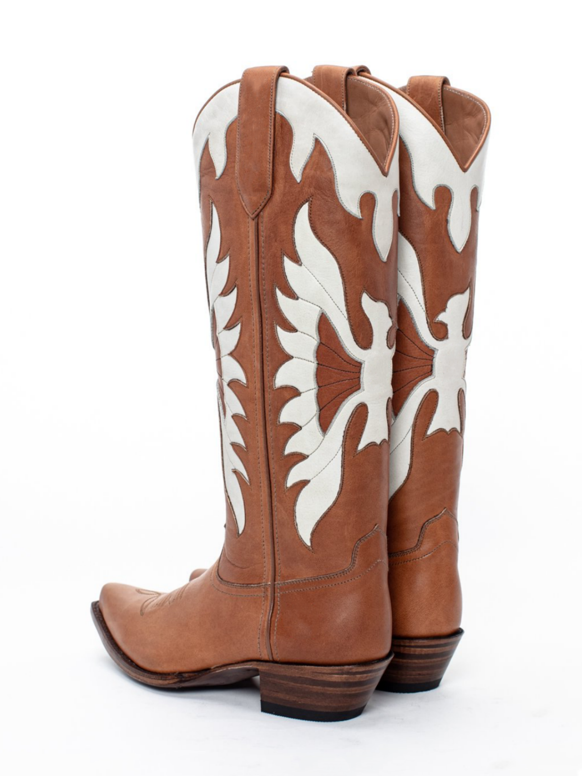 Brown Snip-Toe White Eagle Inlay Wide Calf Knee High Tall Cowgirl Boots