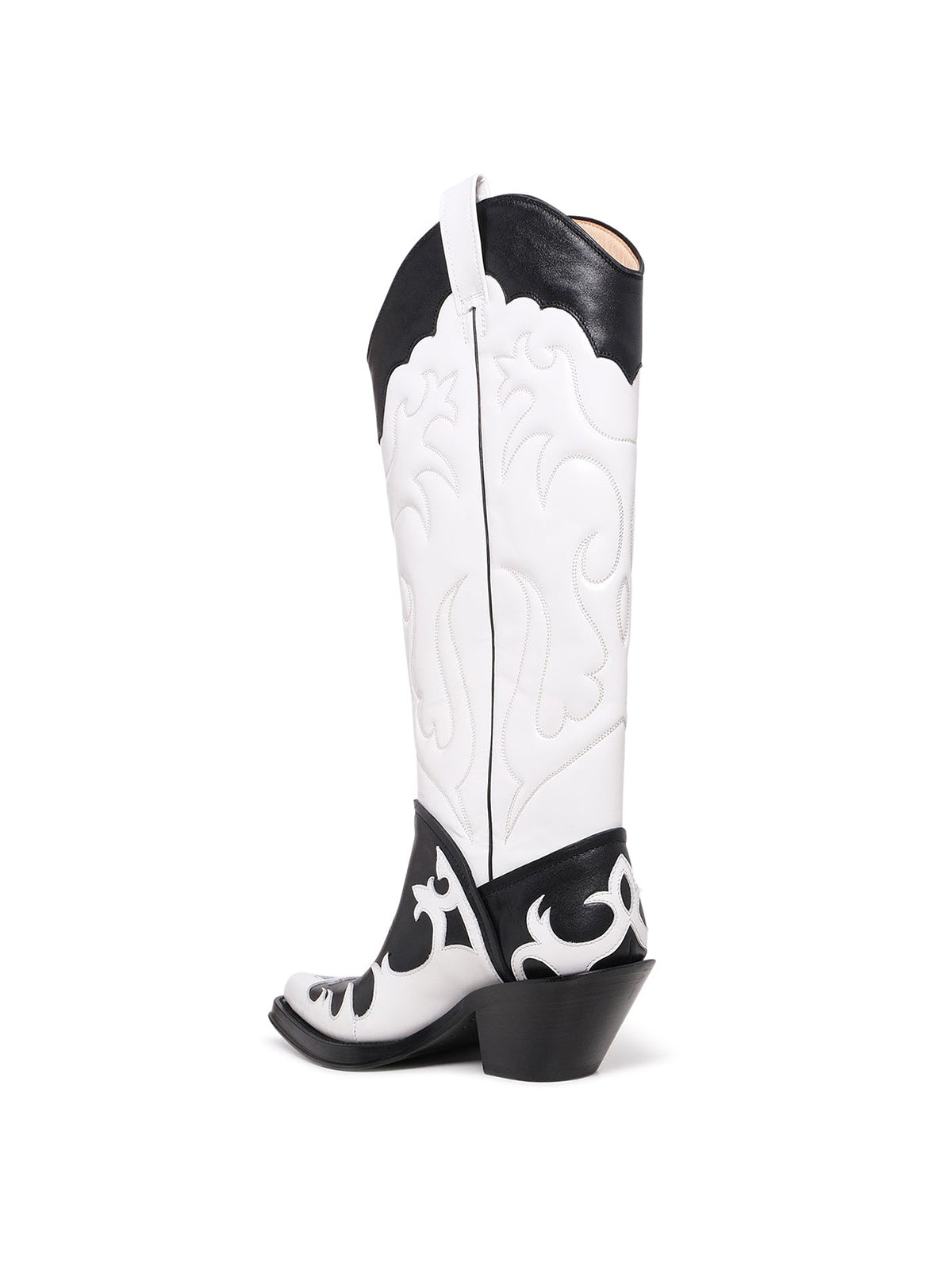 Contrast White And Black Pointed-Toe Classic Embroidery Wide Calf Knee High Chic Cowgirl Boots