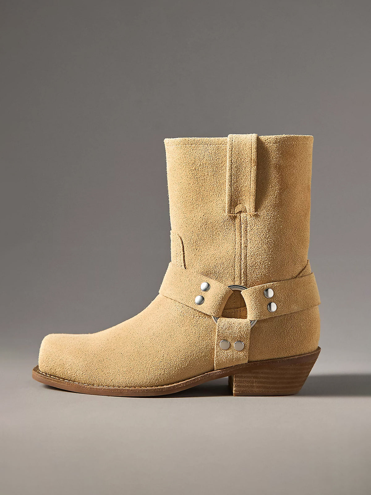 Natural Faux Suede Square-Toe Buckles Cowgirl Ankle Boots