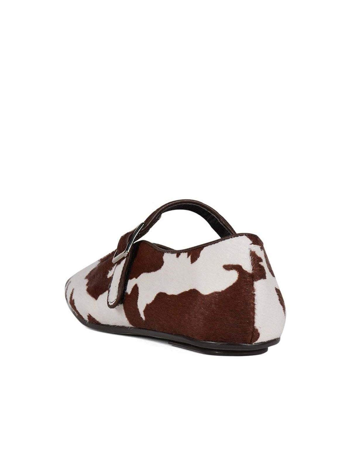 Brown Cow Print Faux Pony Hair Square-Toe Bridge Strap Ballet Flats