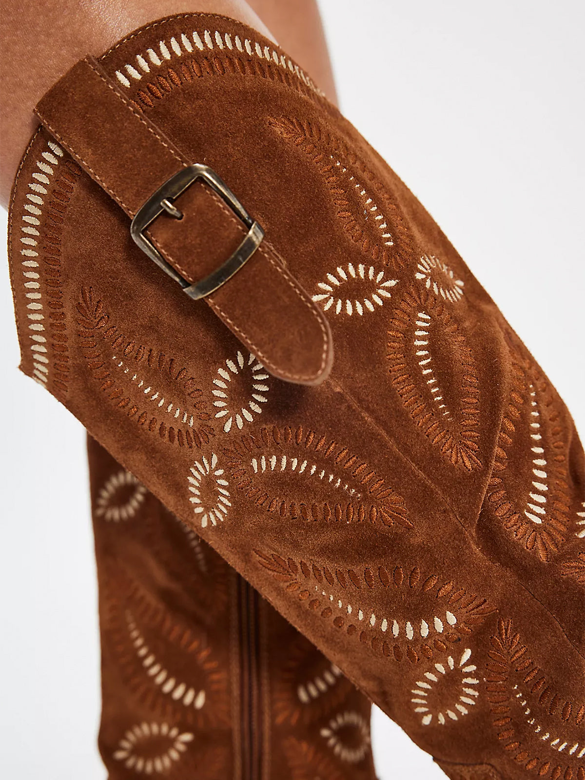 Brown Faux Suede Almond-Toe Leaf Embroidery Full-Zip Mid Calf Cowgirl Boots