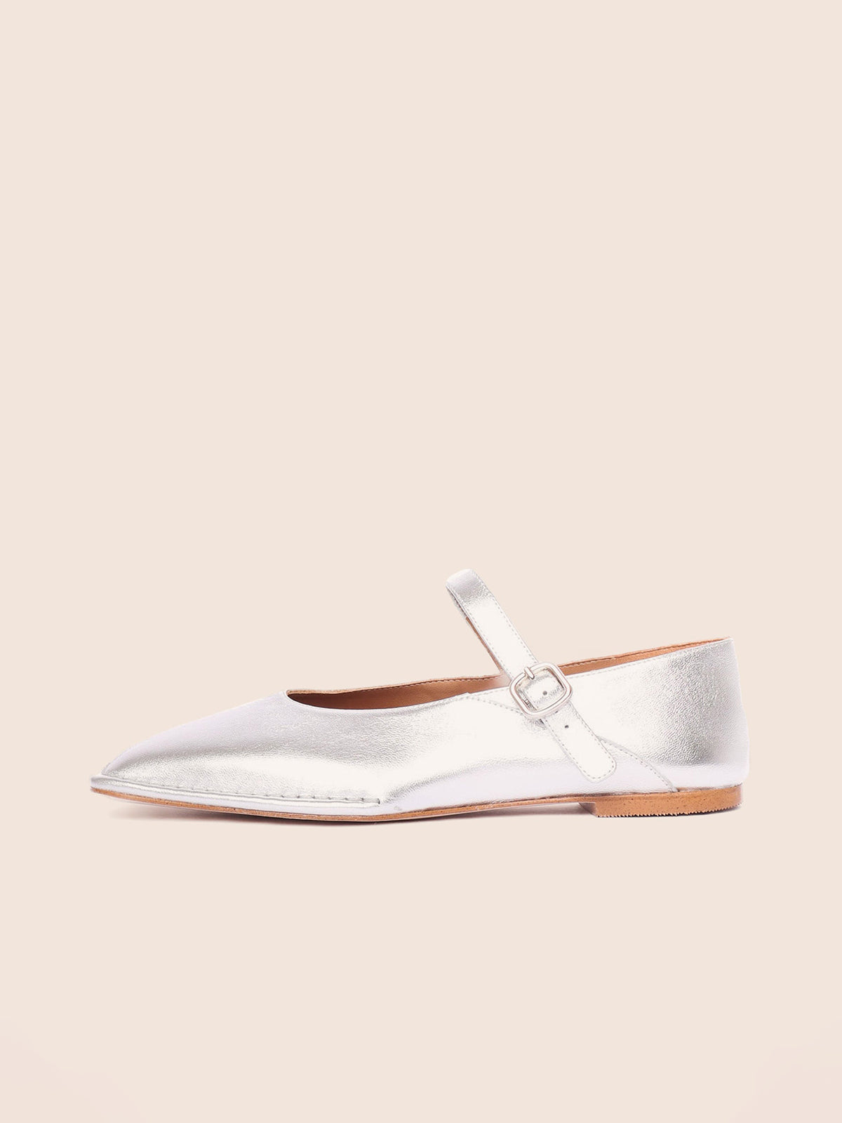 Metallic Silver Square-Toe Buckle Mary Jane Ballet Flats