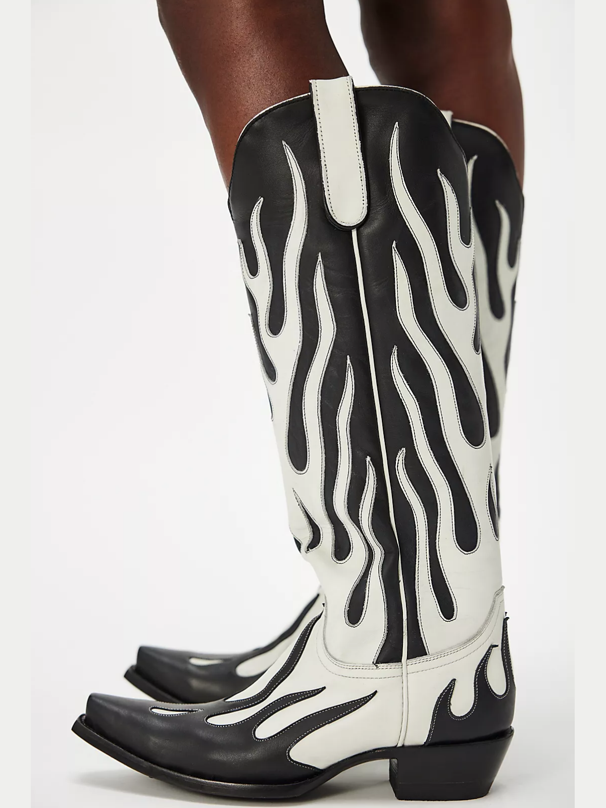 Contrast Black And White Snip-Toe Flame Applique Wide Calf Knee High Cowgirl Boots