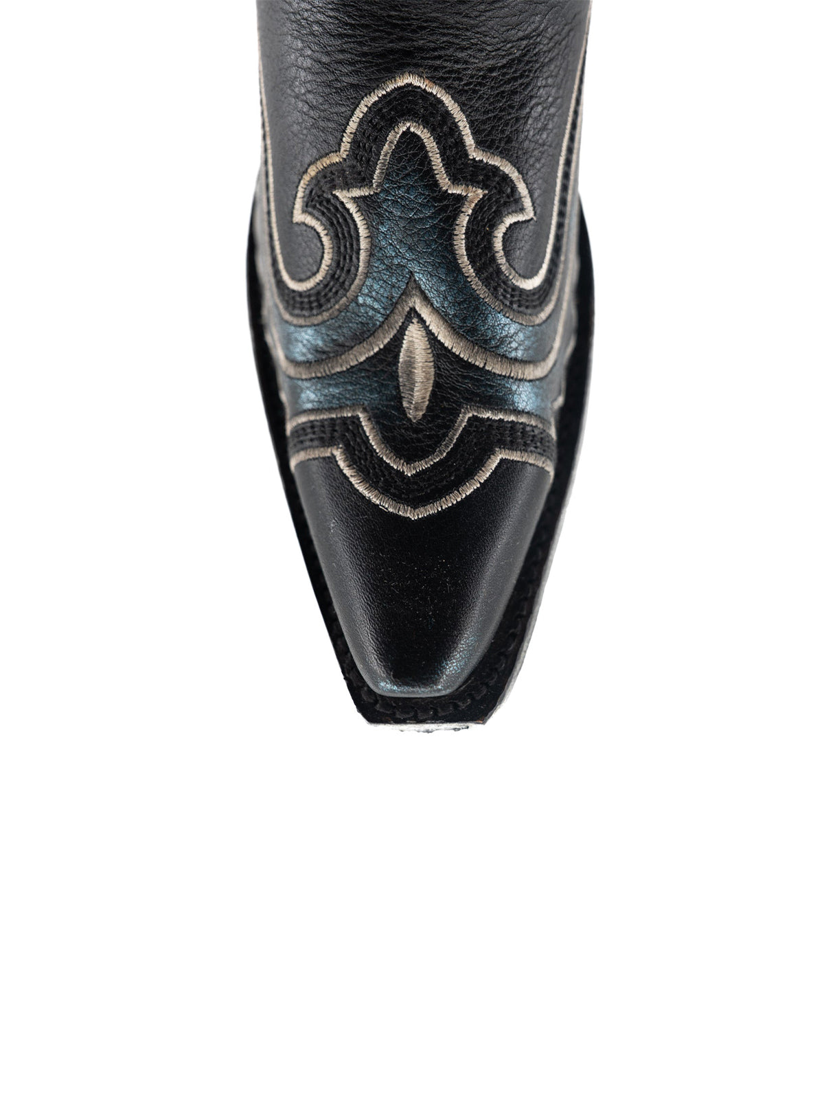 Black Snip-Toe Chic Embroidery Blue Detail Half-Zip Knee High Cowgirl Boots