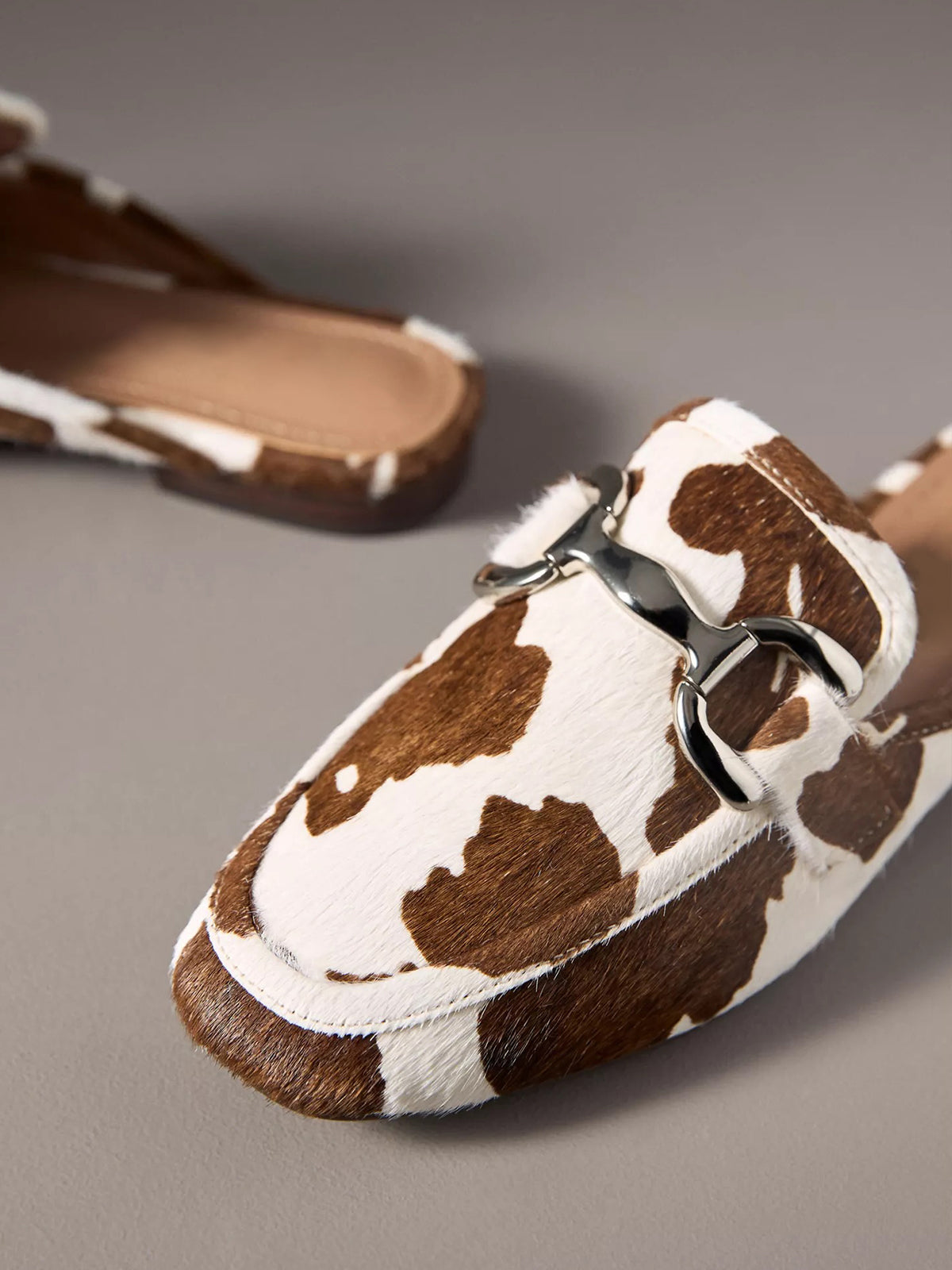 Cow Print Square-Toe Slip-On Front Metal Detail Flats Loafers