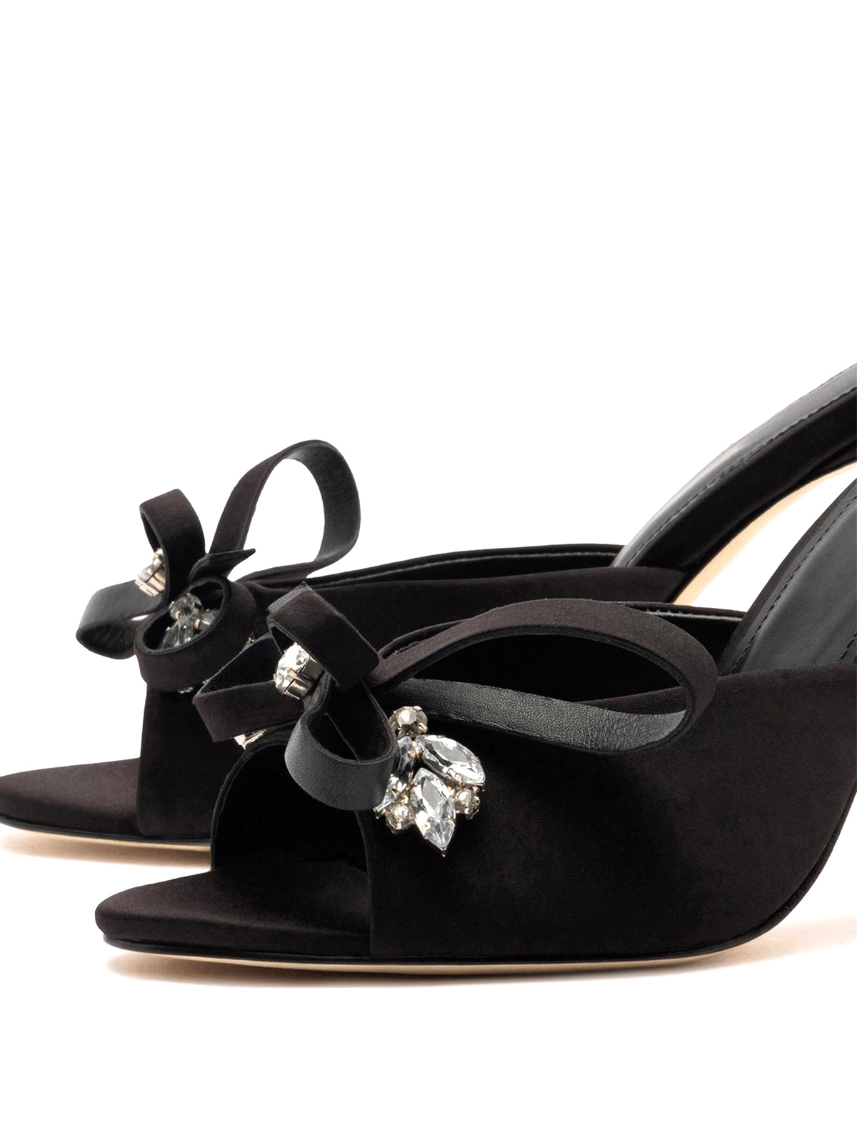 Black Satin Open Round-Toe Front Bow And Crystals High Heels
