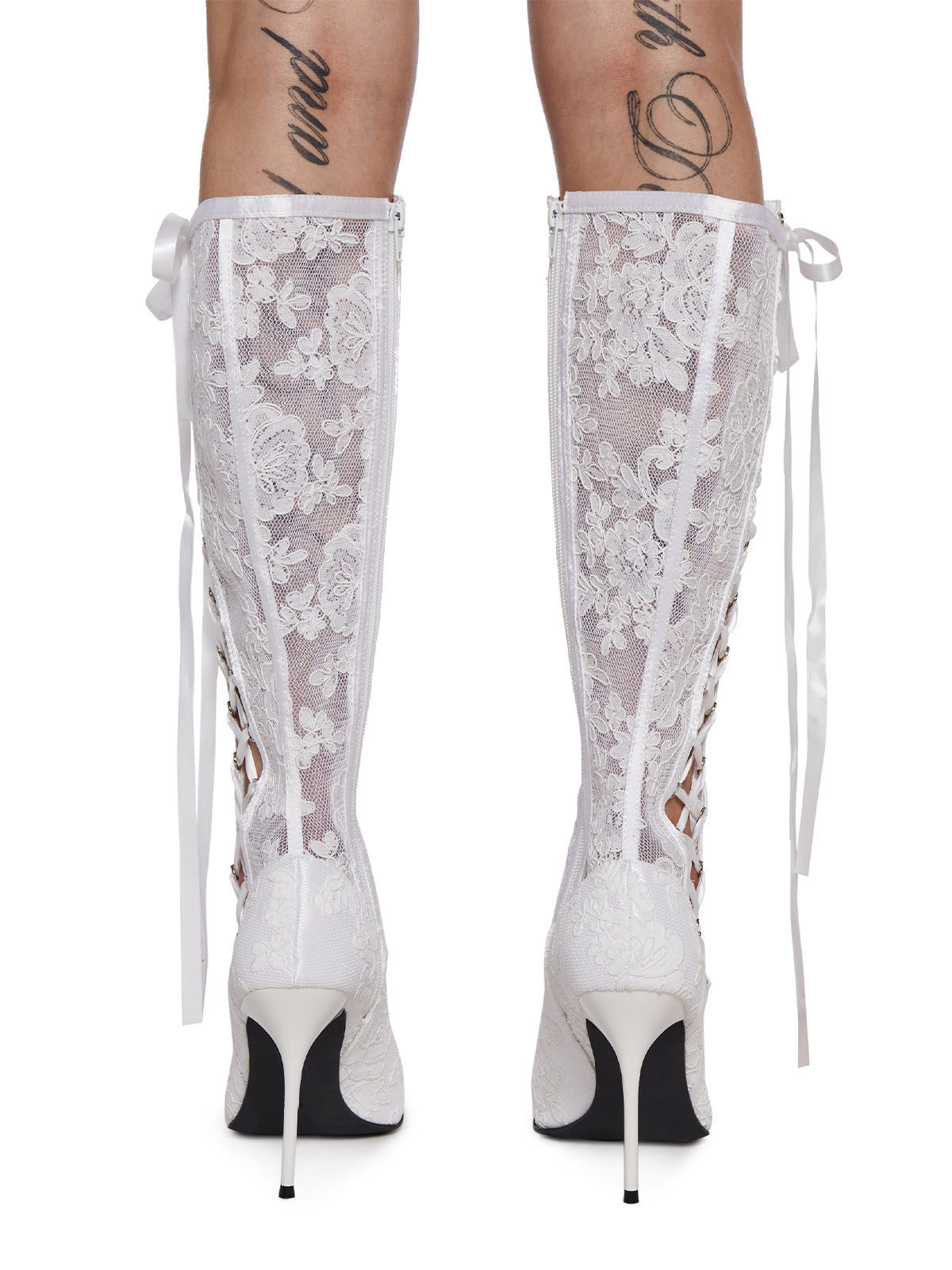 White Lace Mesh Pointed-Toe Side Satin Lace-Up Full-Zip Knee High Stiletto Boots