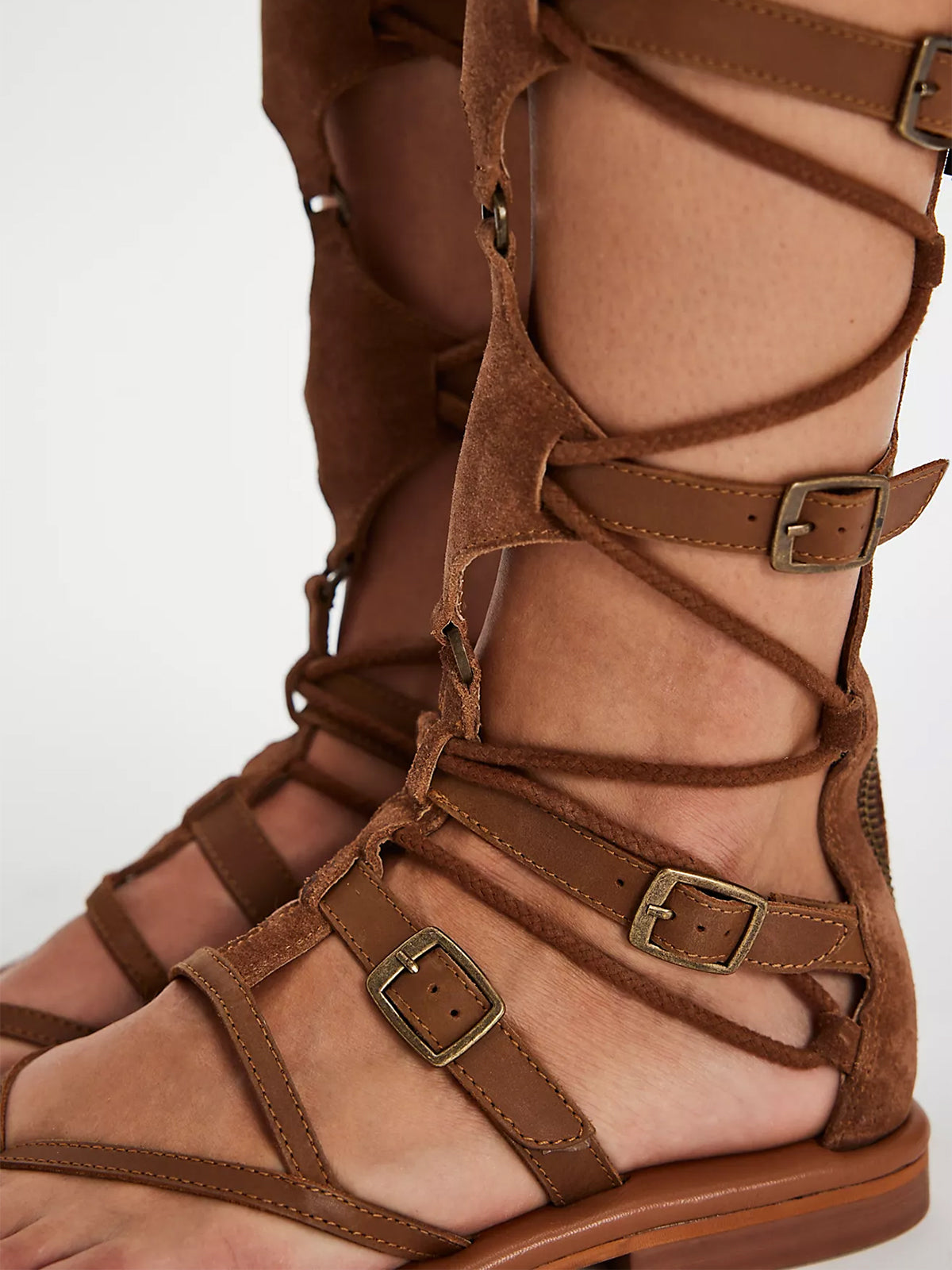 Tan Square-Toe Back Full-Zip Strappy Tall Gladiator Sandals