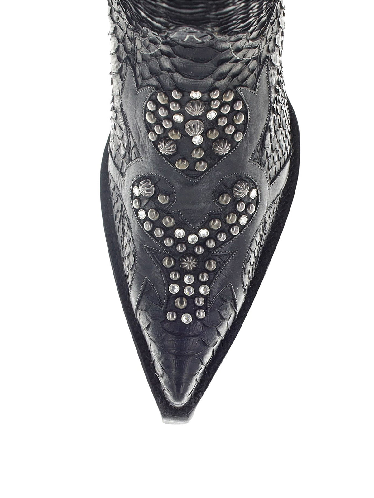 Black Snakeskin Print Pointed-Toe Rhinestones And Studs Half-Zip Knee High Cowgirl Boots