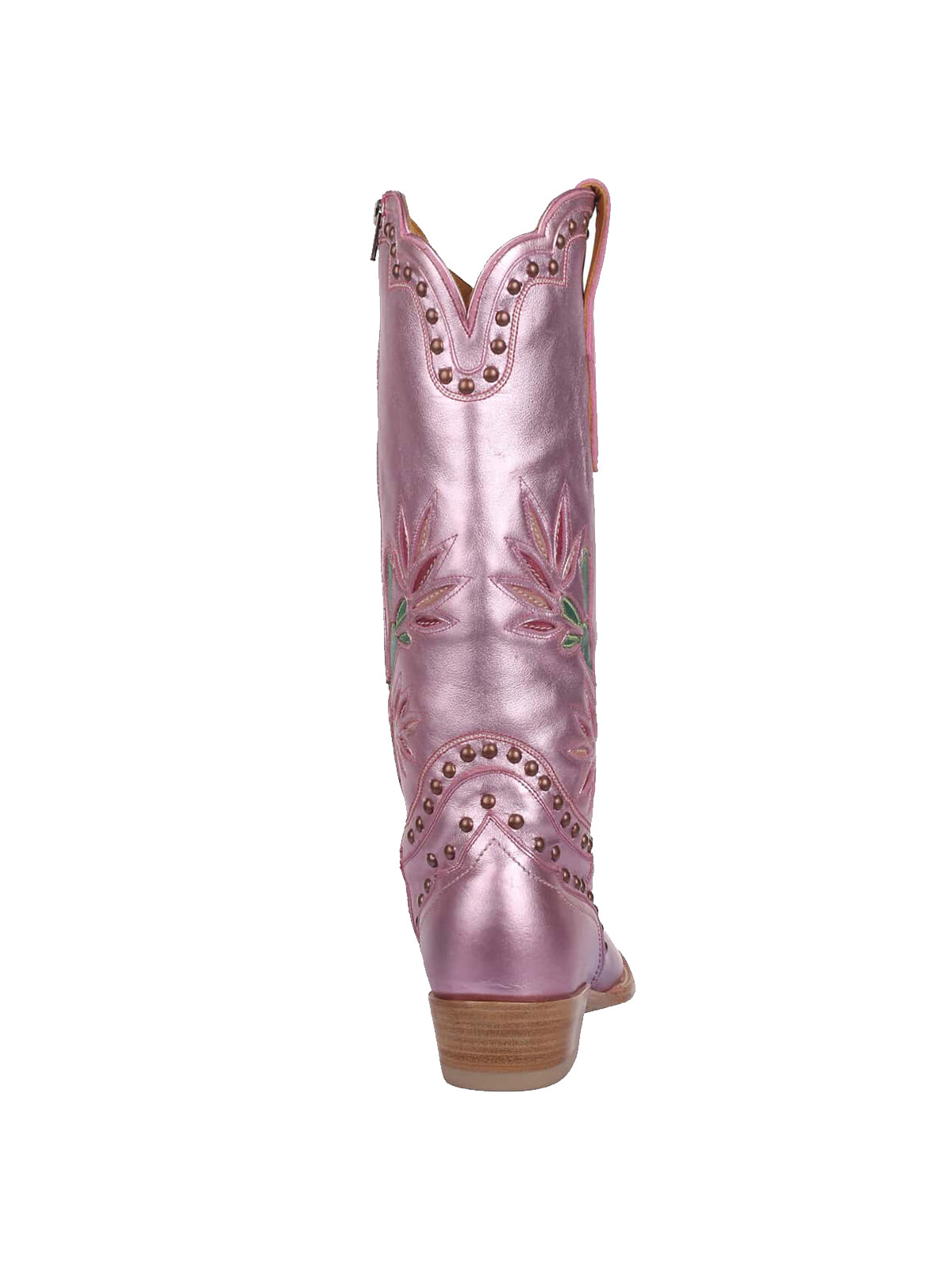 Metallic Pink Snip-Toe Cactus Inlay Studded Full-Zip Knee High Cowgirl Boots