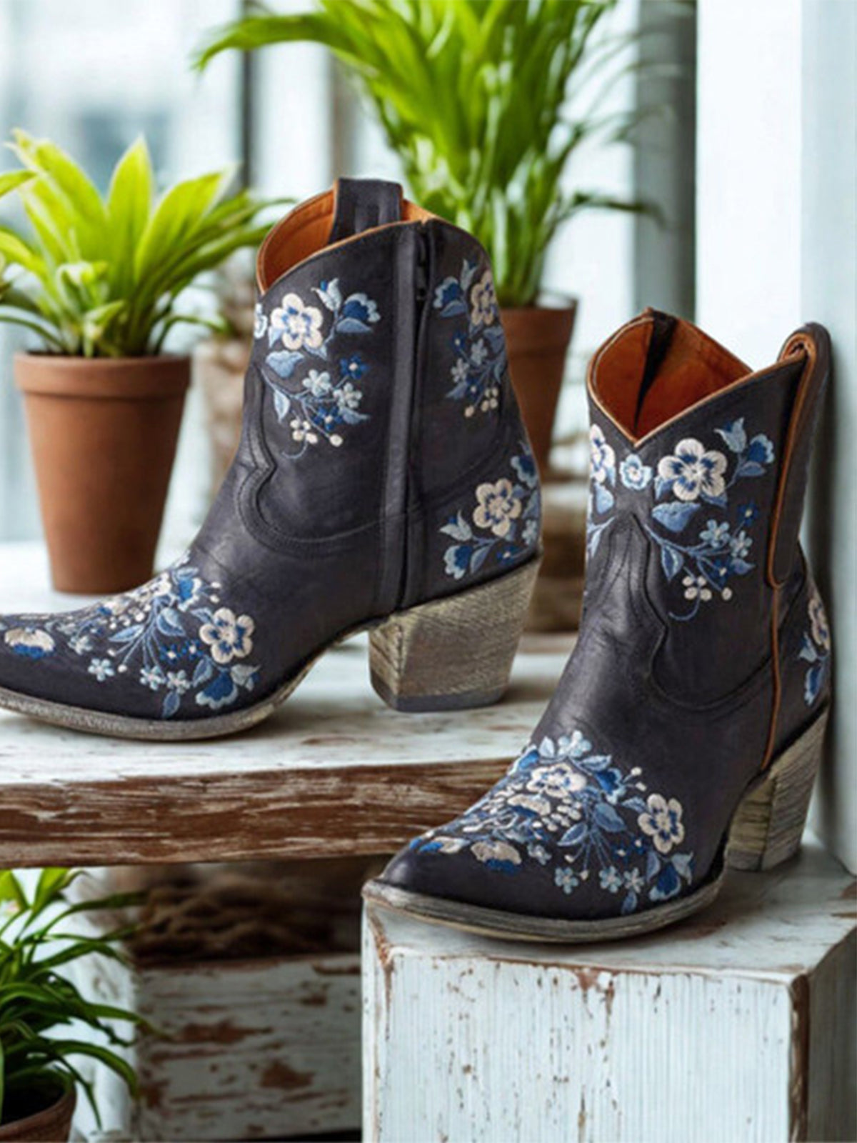 Navy Blue Round-Toe Colorful Florals Ankle Cowgirl Boots