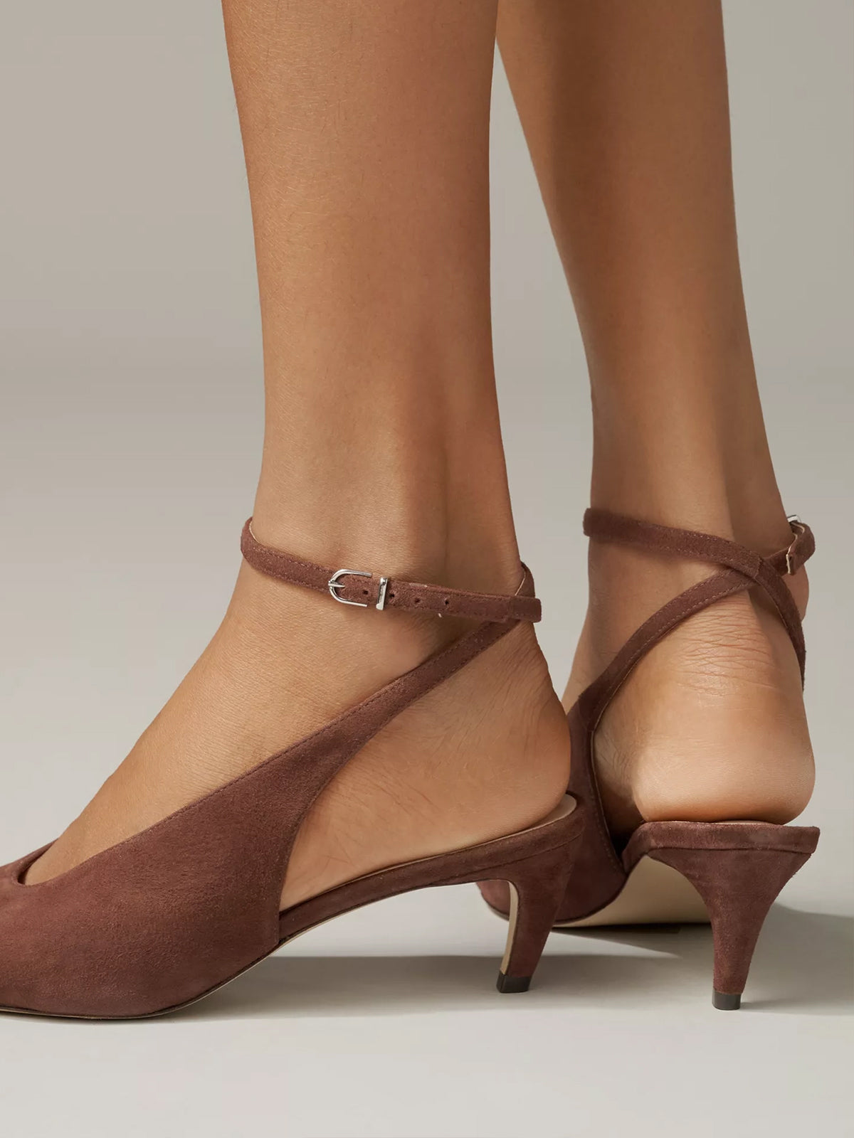 Brown Faux Suede Pointed-Toe Chic Slingback And Buckle Ankle Strap Kitten Heels