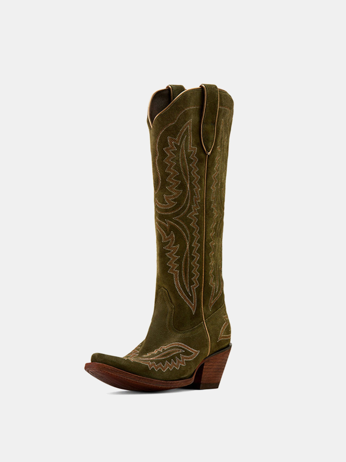 Western Embroidery Tall Snip-Toe Half-Zip Knee High Cowgirl Boots - Brown Faux Suede