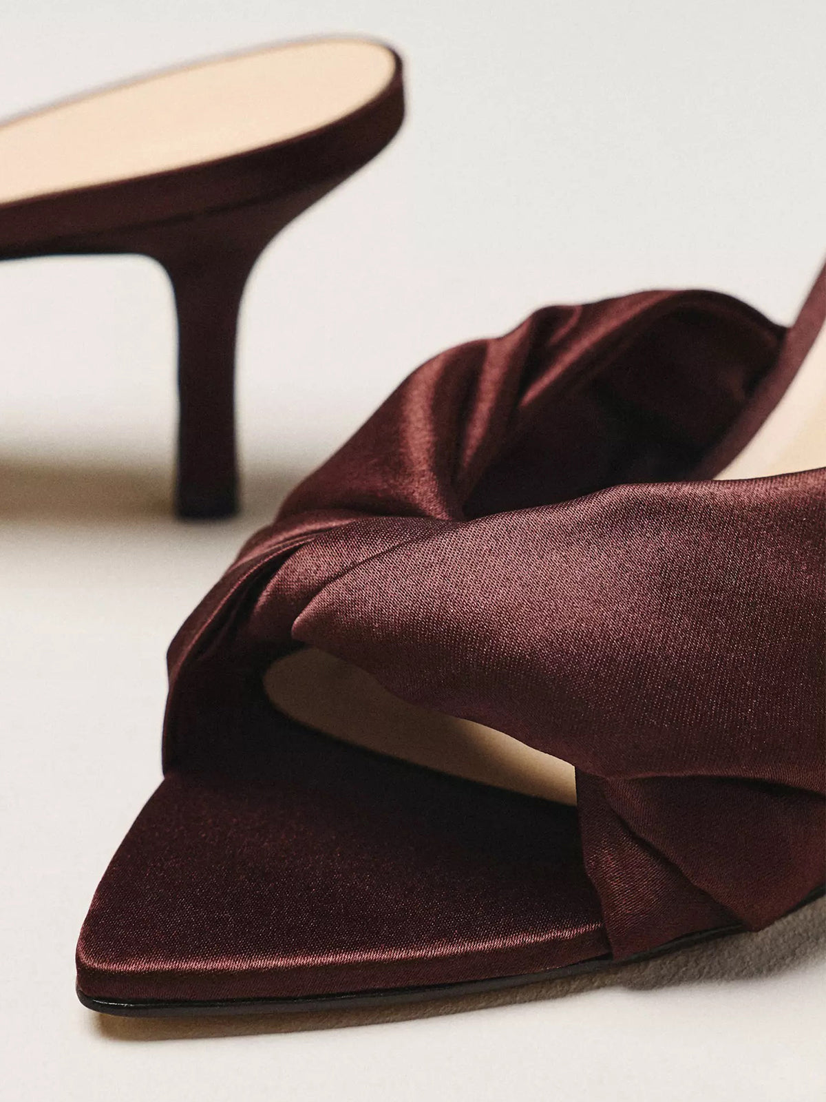 Satin Open Pointed-Toe Front Strap Backless Mules High Heels - Brown