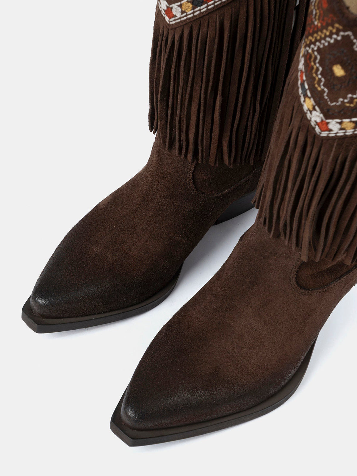 Brown Faux Suede Snip-Toe Fringe Top Embroidery Zipper Mid Calf Cowgirl Boots