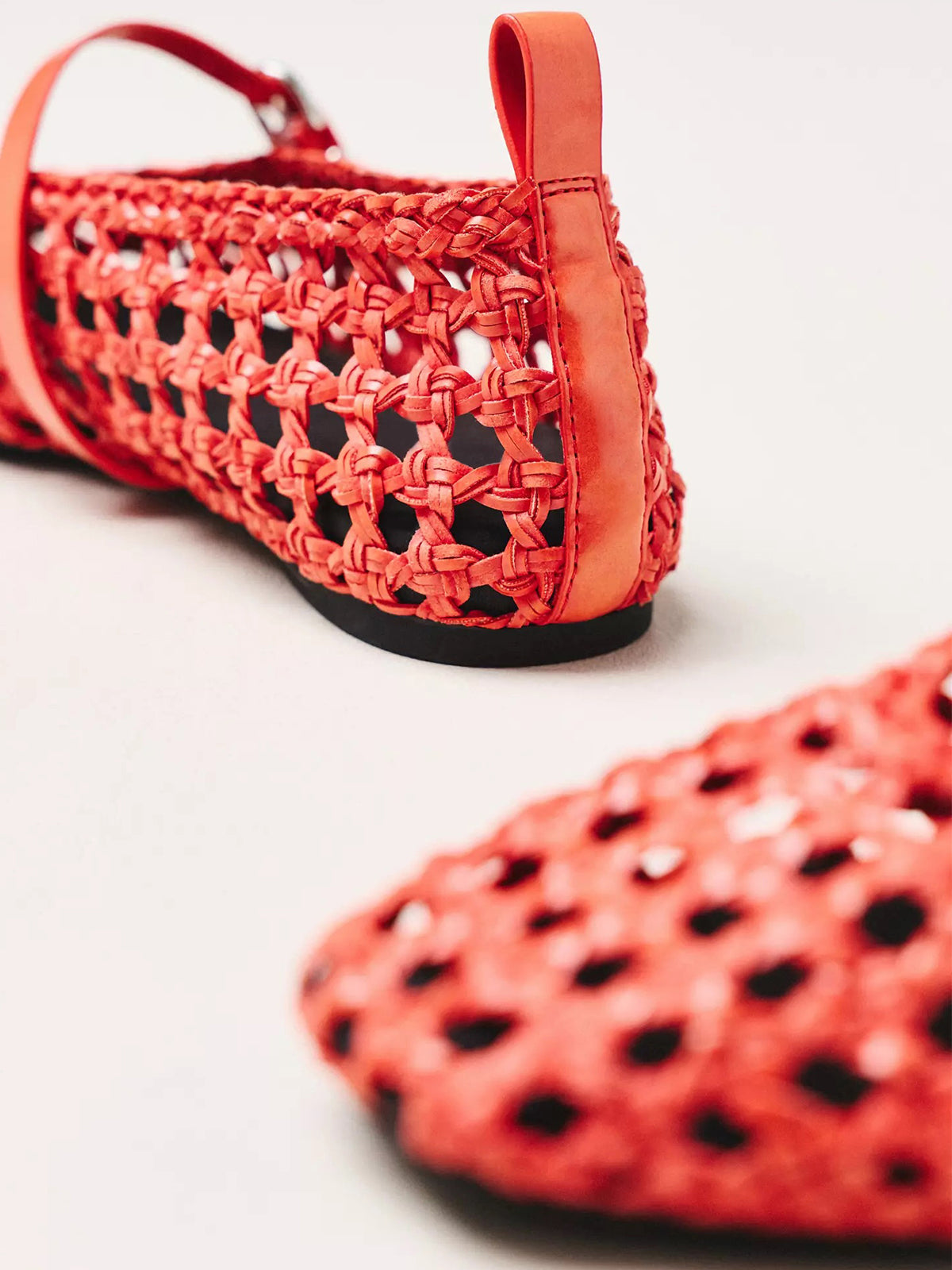 Red Woven Vegan Leather Square-Toe Chic Buckle Bridge Strap Ballet Flats