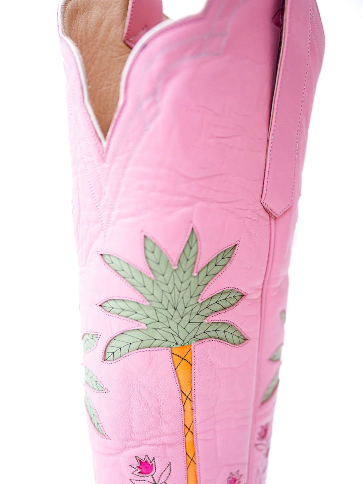 Pink Almond-Toe Palm And Flowers Inlay Wide Calf Tall Knee High Cowgirl Boots