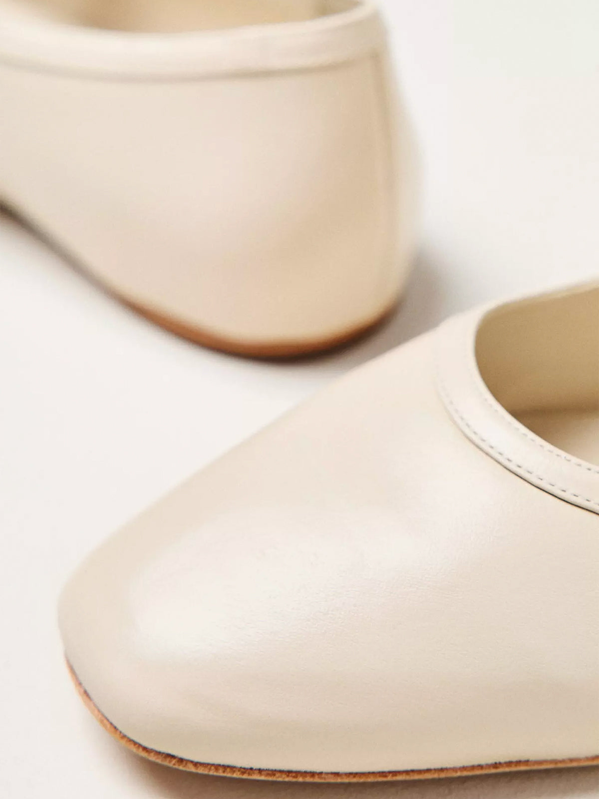 Cream Square-Toe Bridge Bow Strap Ballet Flats