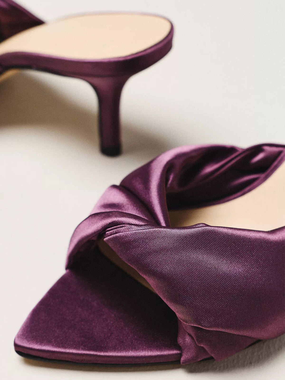 Satin Open Pointed-Toe Front Strap Backless Mules High Heels - Purple