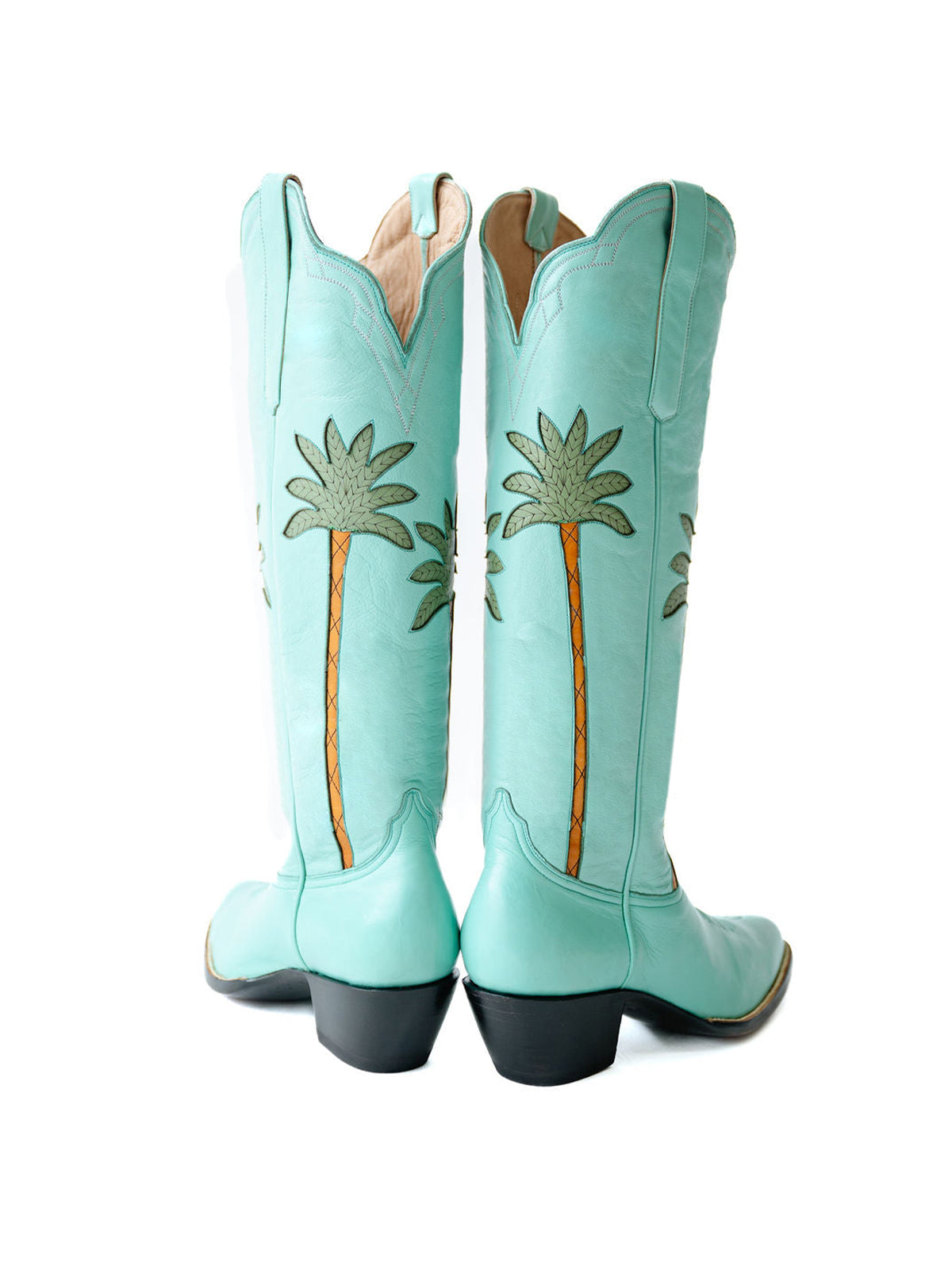 Light Green Almond-Toe Palm And Flowers Inlay Wide Calf Tall Knee High Cowgirl Boots