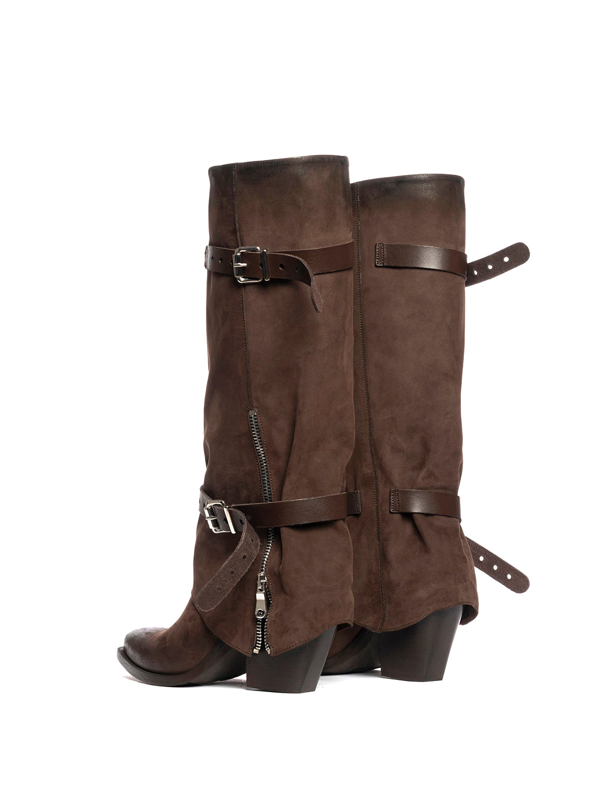 Brown Faux Suede Snip-Toe Bottom Zipper Fold-Over Buckle Knee High Cowgirl Boots