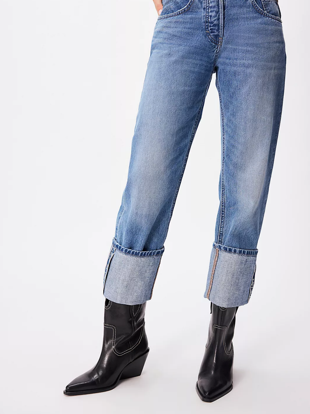 Black Pointed-Toe Vegan Leather Stitch Wide Mid Calf Cowgirl Boots