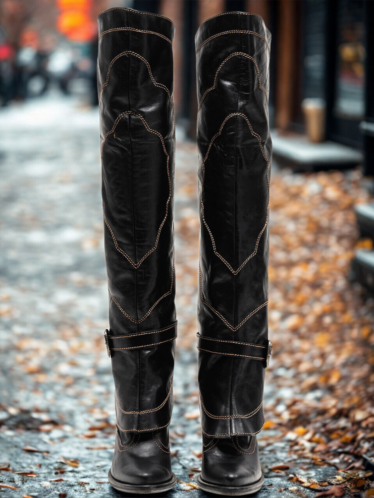 Black Snip-Toe Fold-Over Buckle Strap And Stitch Wide Calf Knee High Cowgirl Boots