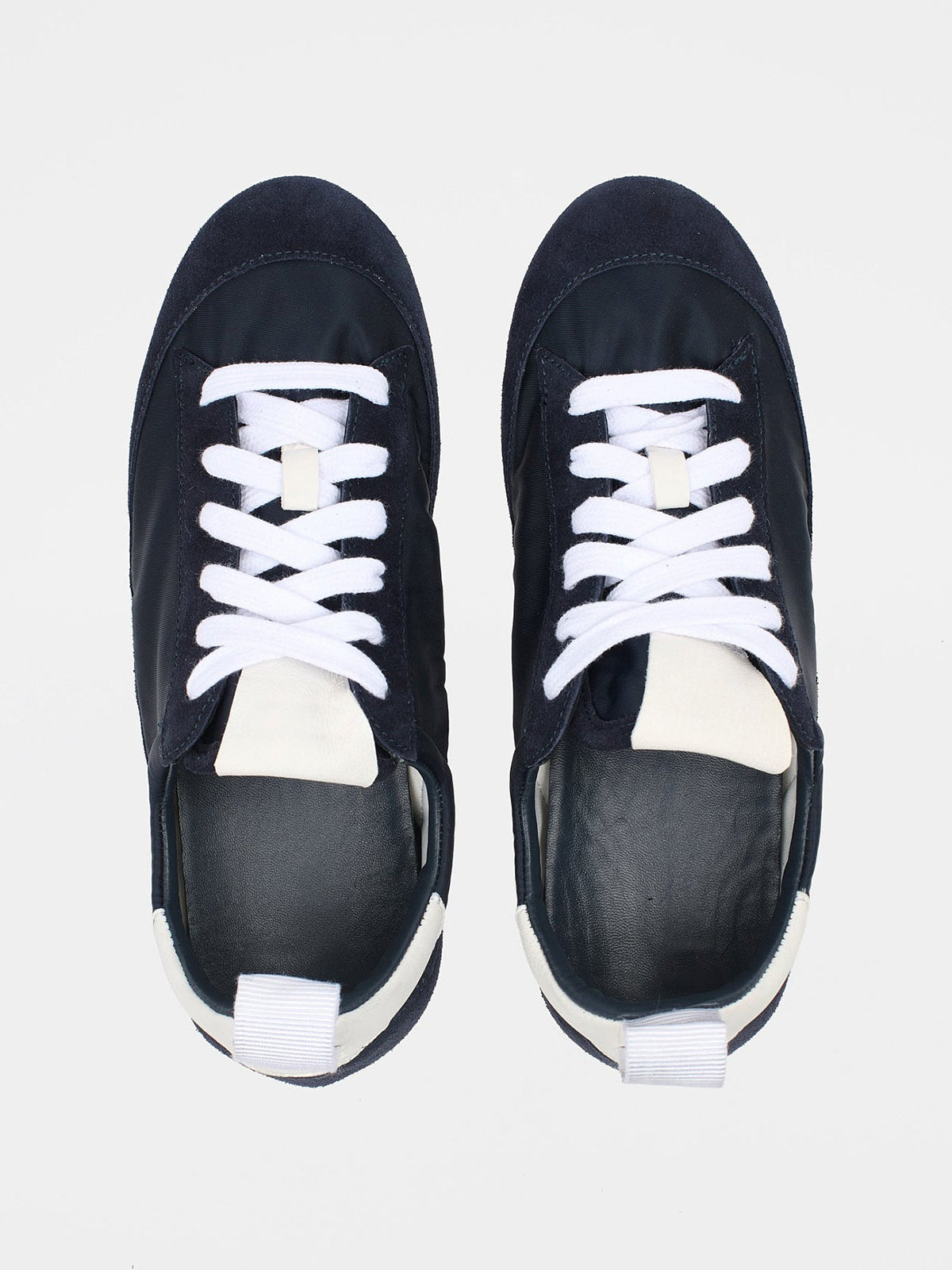 Cow Suede And Satin Round-Toe Lace-Up Chic Sneakers - Navy