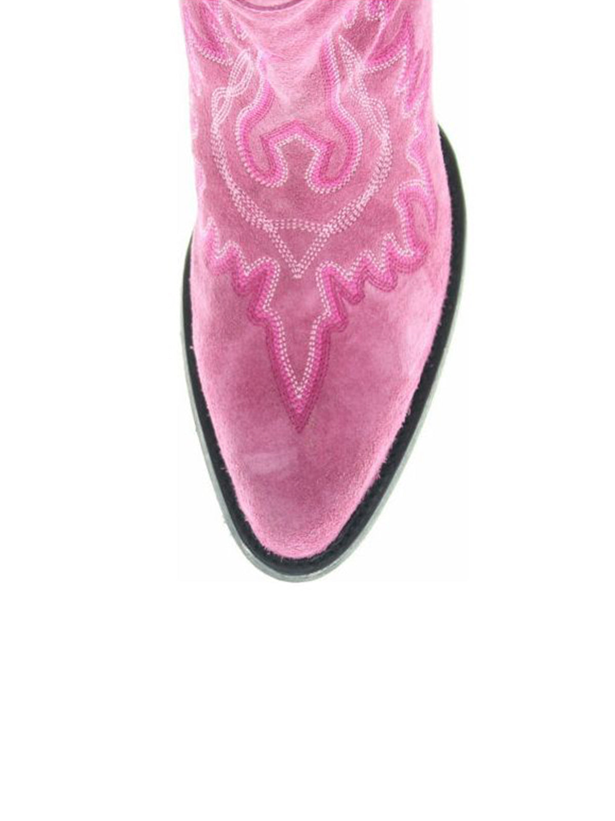 Almond-Toe Faux Suede Fringe Full-Zip Embroidery Knee High Cowgirl Boots - Pink